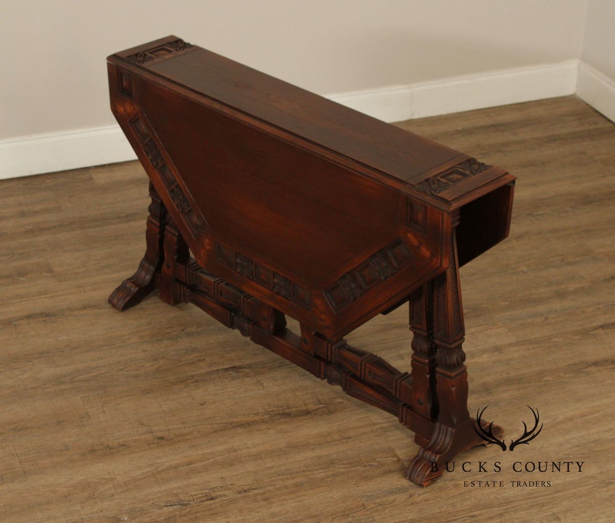 Rom Weber Viking Jacobean Style Carved Oak Drop-Leaf Table