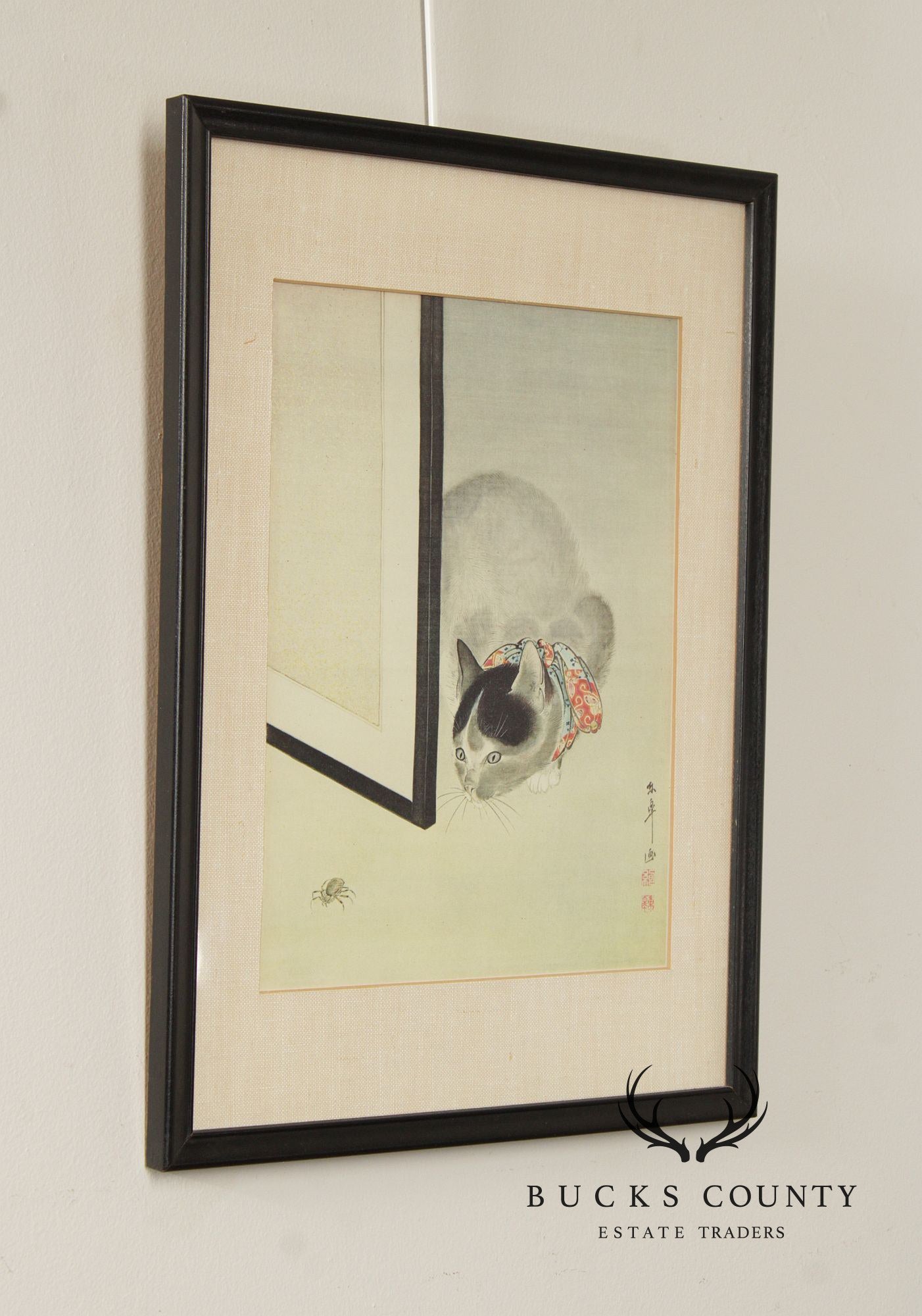 Tsuguharu Foujita Framed Japanese Woodblock Print, Cat and Spider