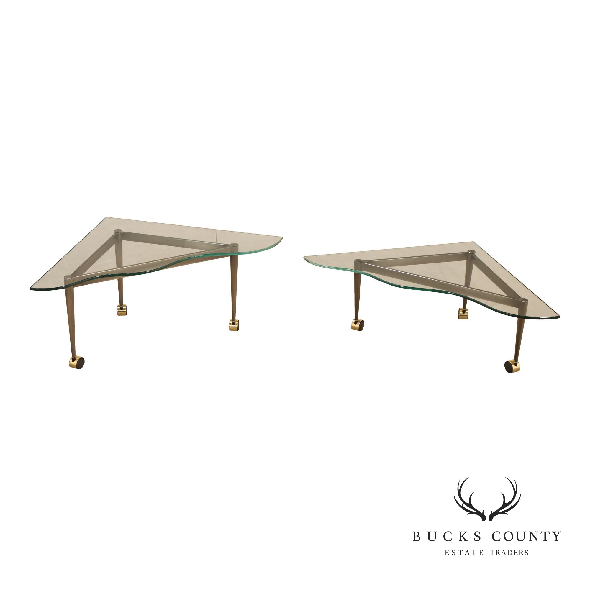 Postmodern Pair Of Triangular Glass Top Coffee Table with Brushed Steel Frame and Brass Casters