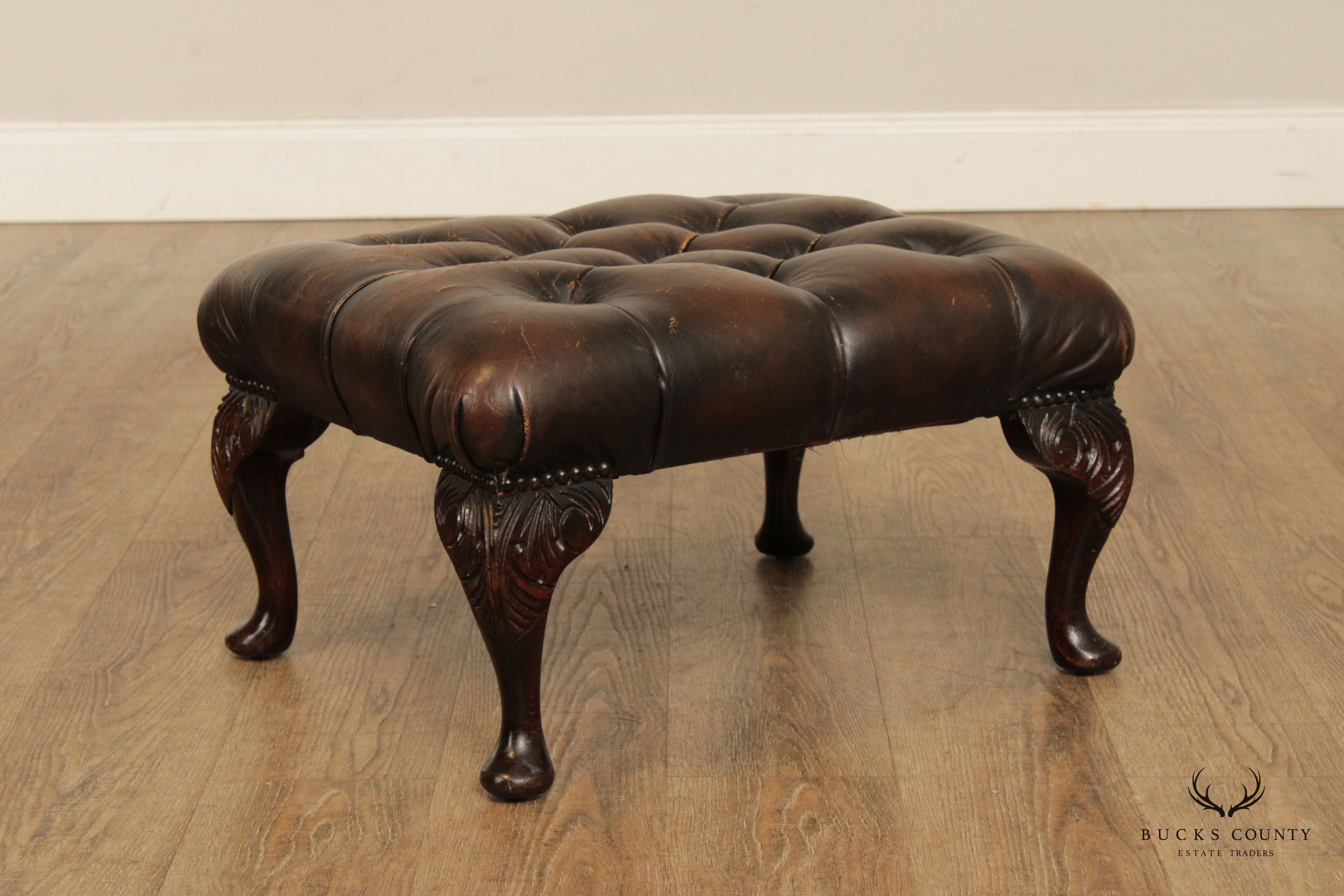 Georgian Style Vintage Tufted Leather Foot Stool