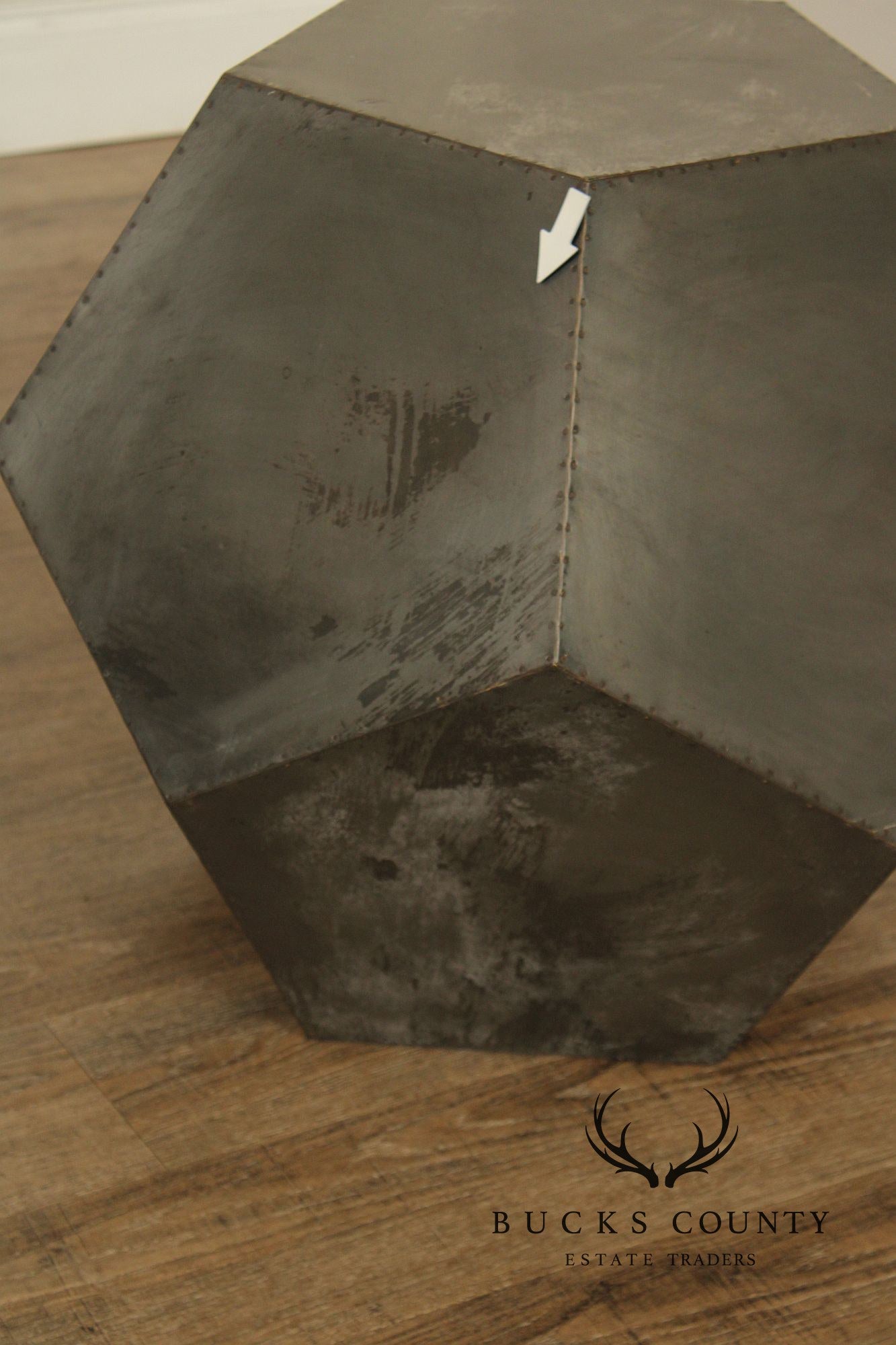 Restoration Hardware Industrial Style Zinc Polyhedron Side Tables Pair