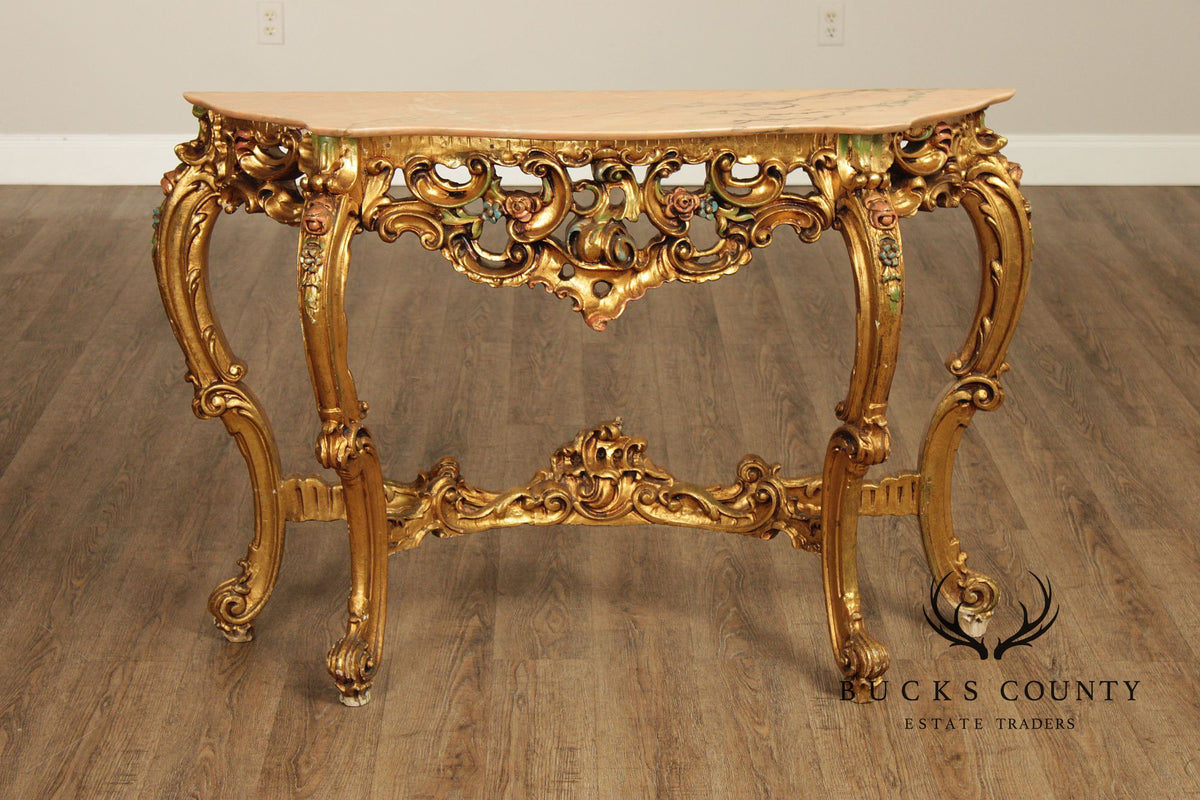 Venetian Rococo Style Marble Top Giltwood Console Table