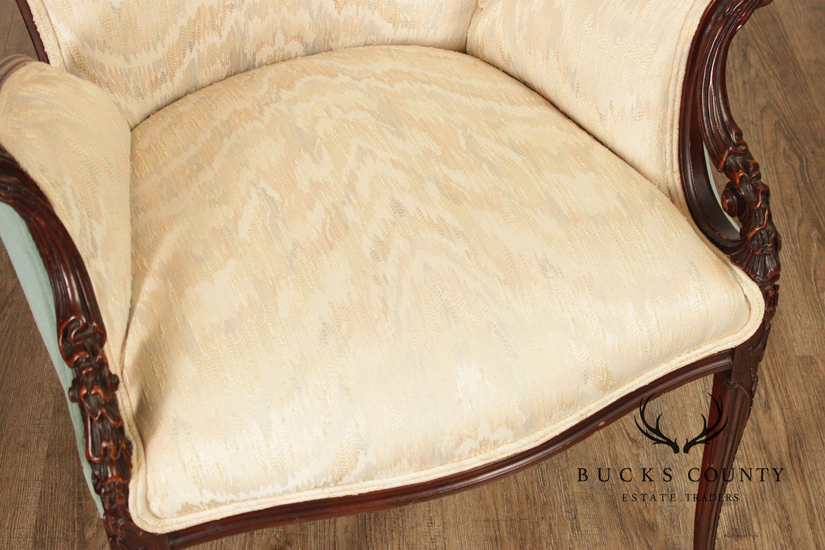 Vintage Mahogany Carved Fireside Armchair With Two-Tone Upholstery