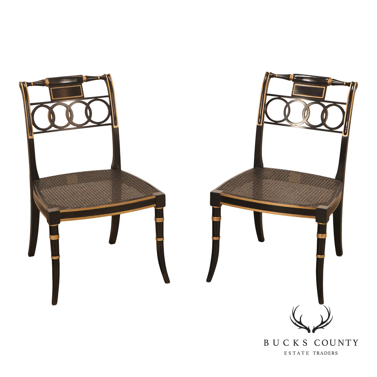 Baker Regency Style Pair of Ebonized and Partial Gilt Side Chairs
