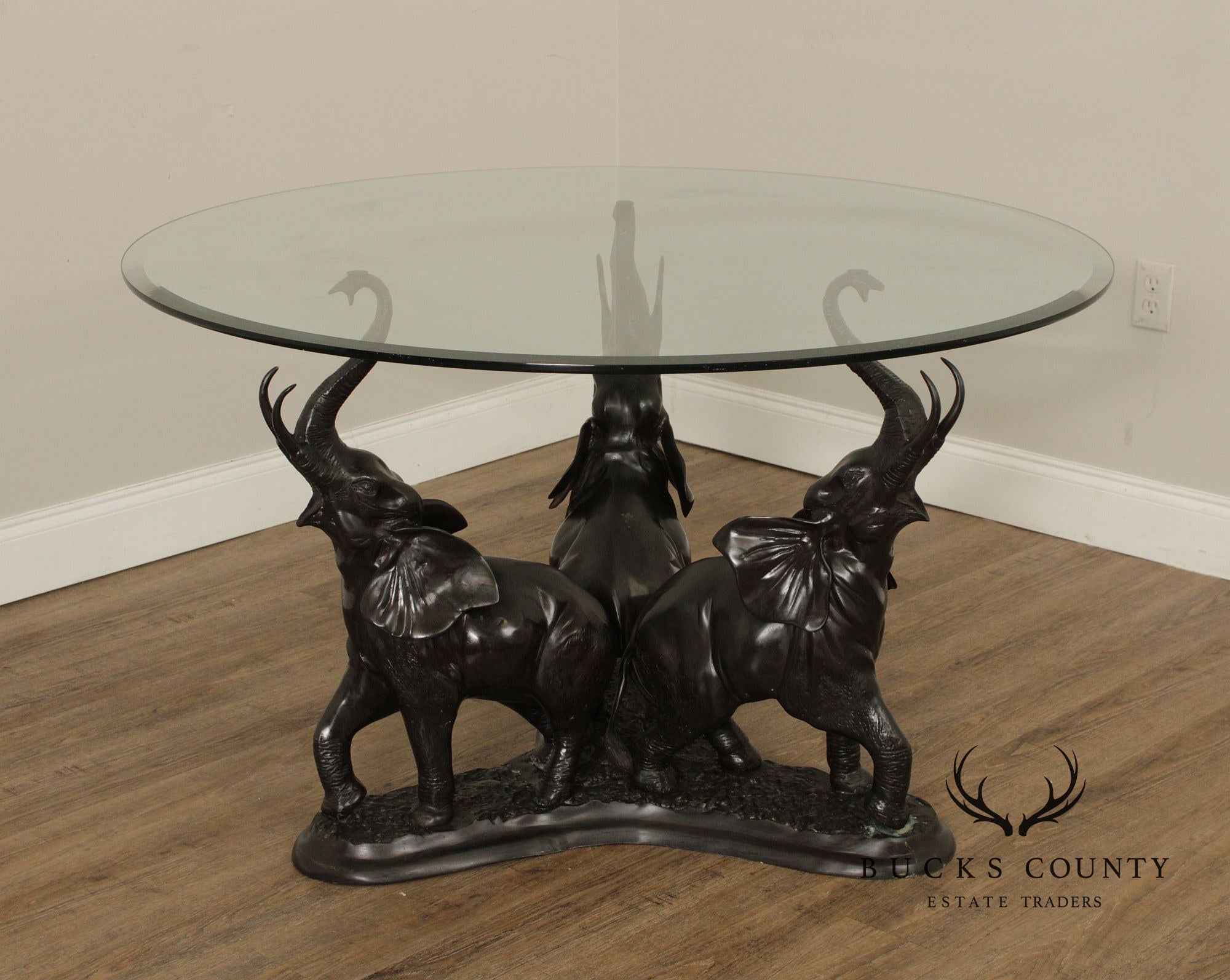 Contemporary Glass Top Bronze Elephants Center Table