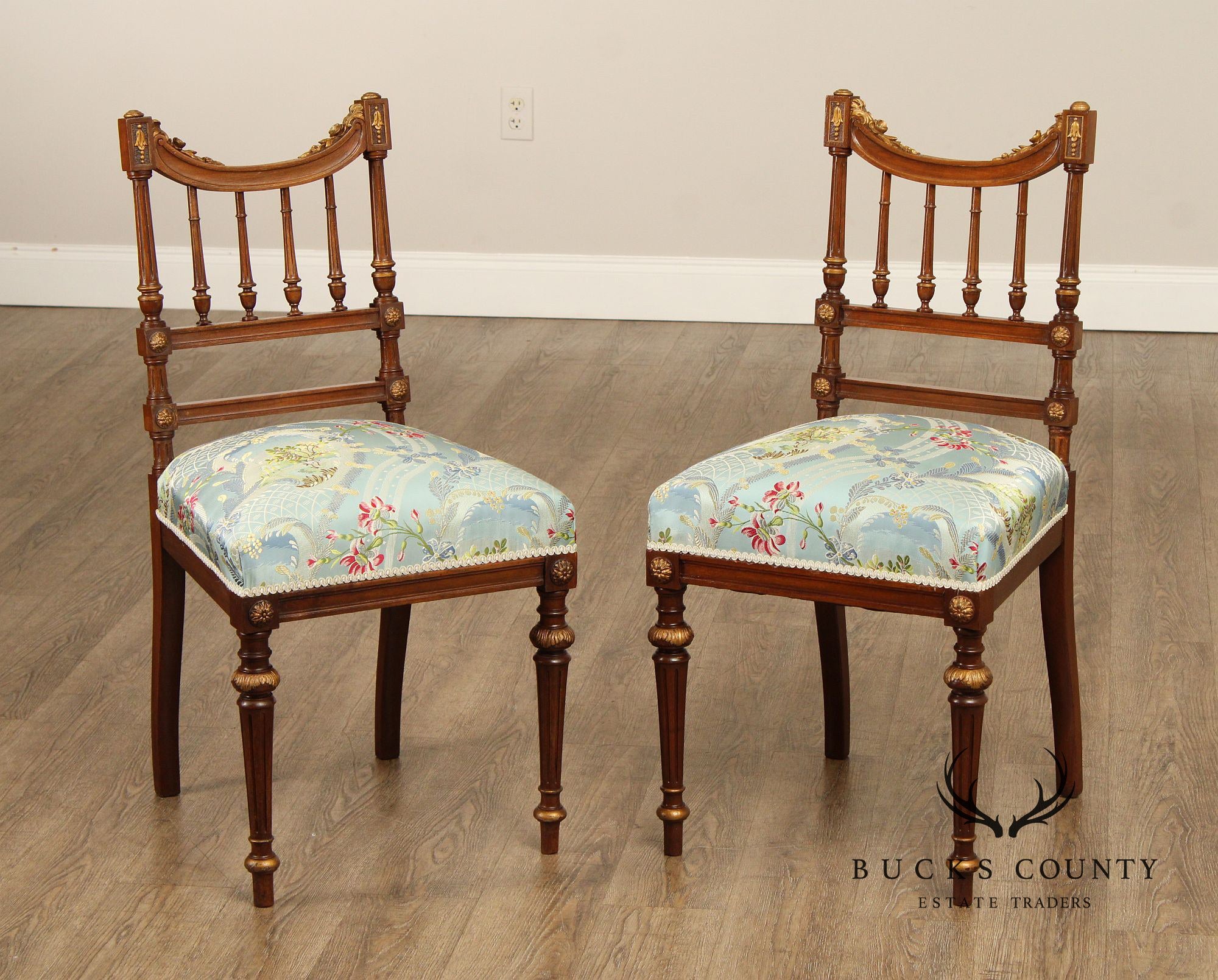 French Louis XVI Style Antique Pair of Partial Gilt Mahogany Side Chairs