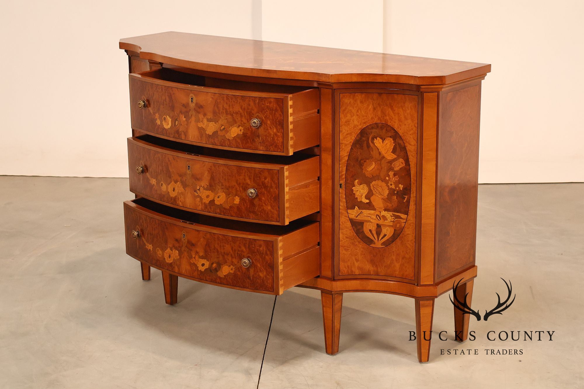 Italian Marquetry Inlaid Burl Wood Credenza Sideboard Server