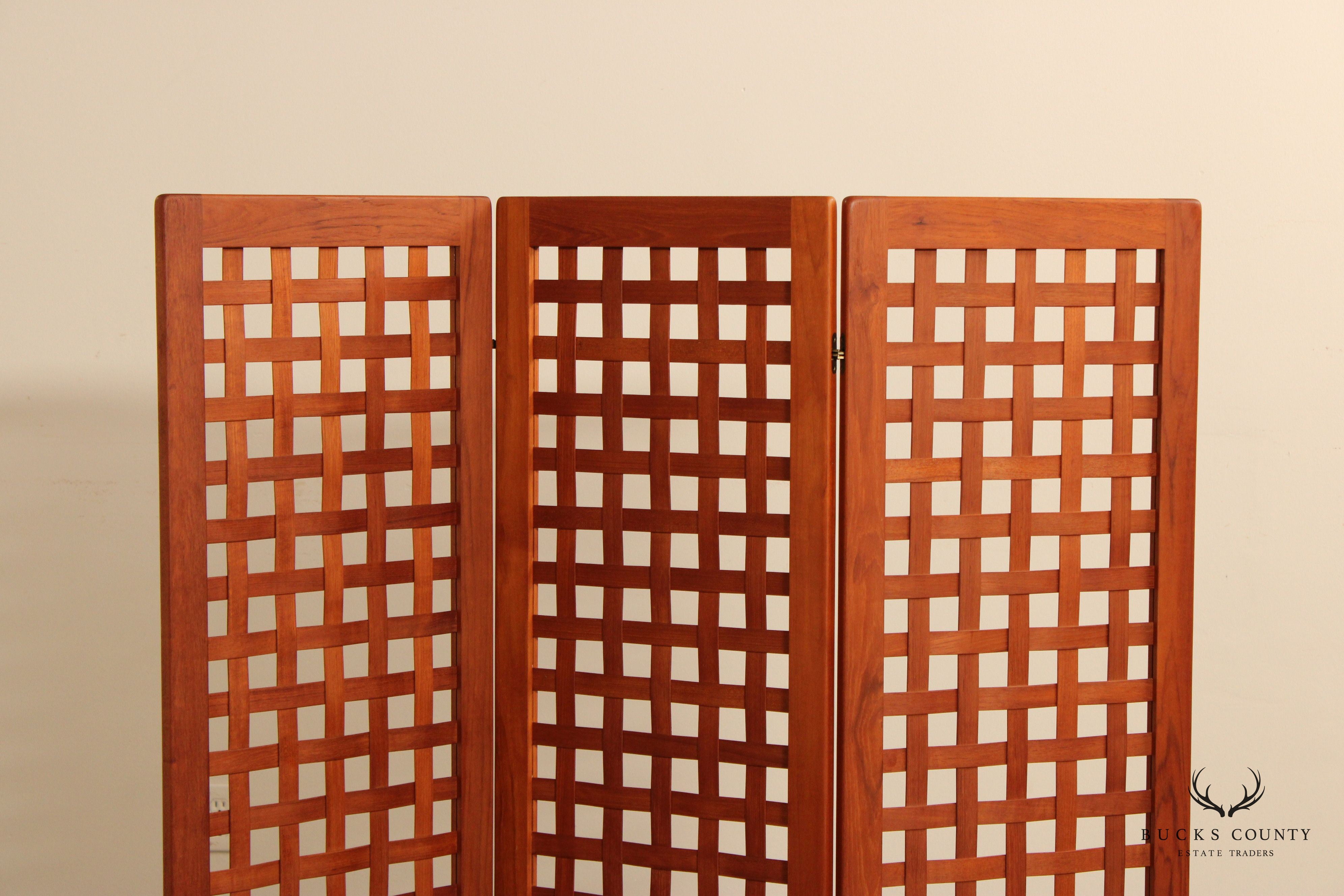 Vintage Latticed Teak Three Panel Folding Screen