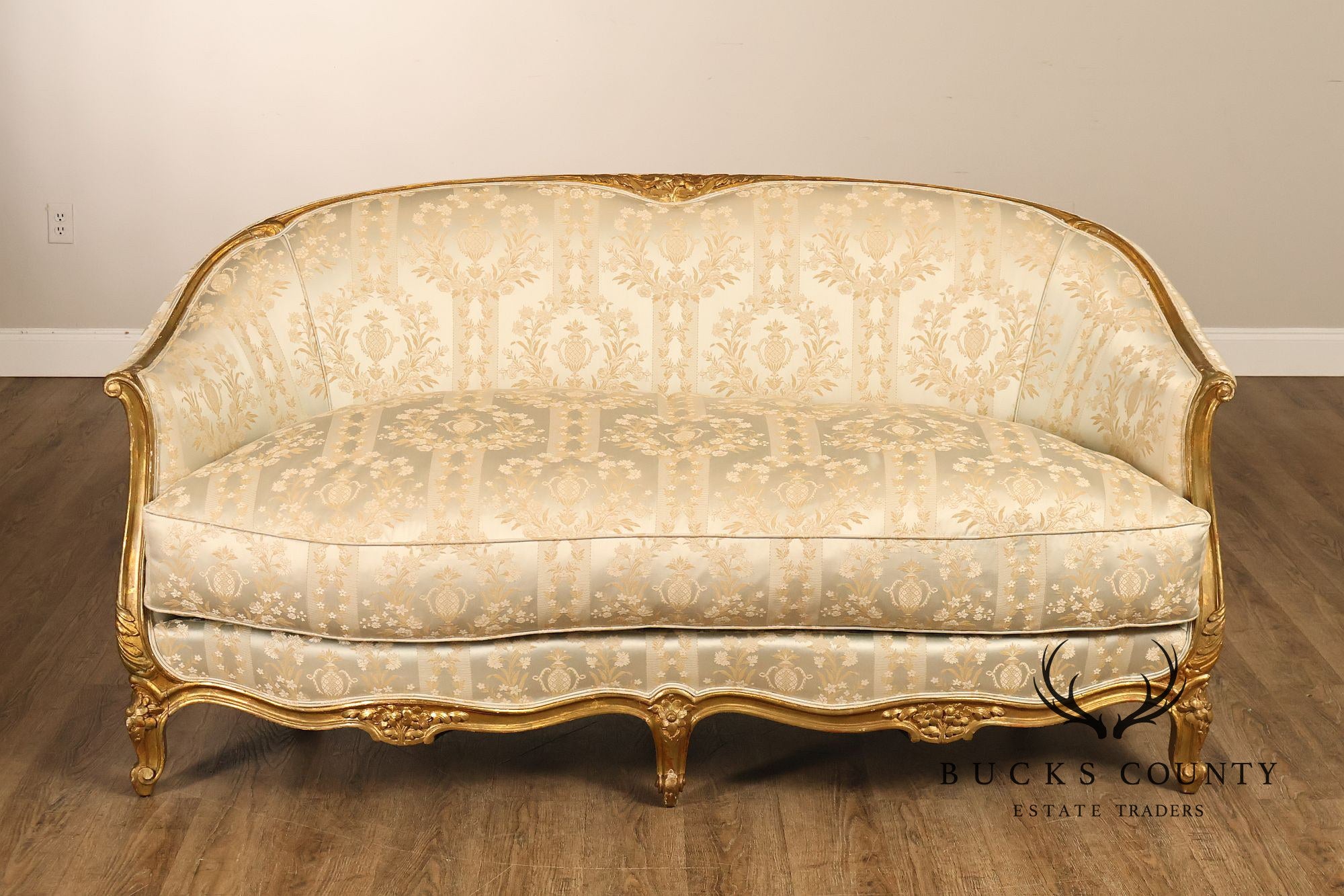 Antique French Louis XV Style Giltwood Upholstered Sofa