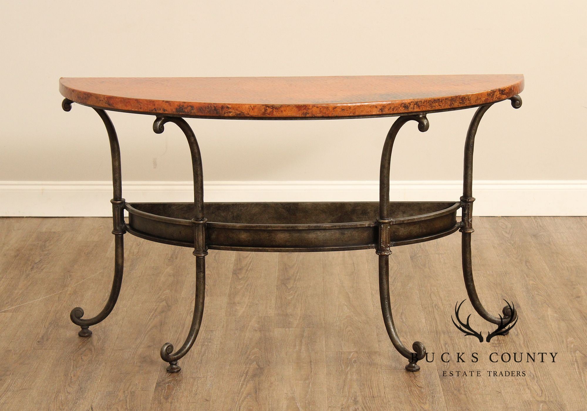 Hammered Copper and Iron Demilune Console Table