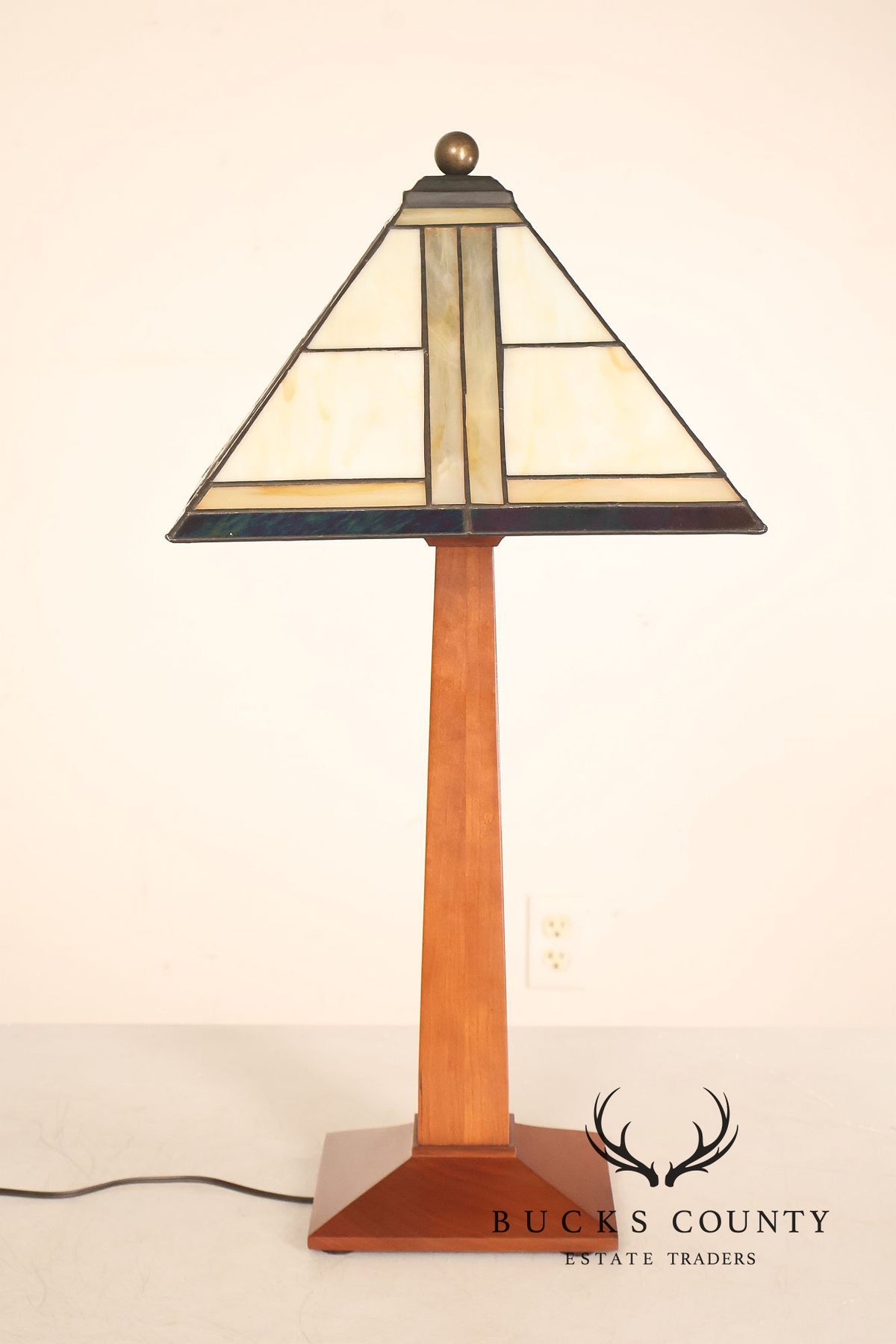 Stickley Stained Glass Shade Cherry Wood Table Lamp