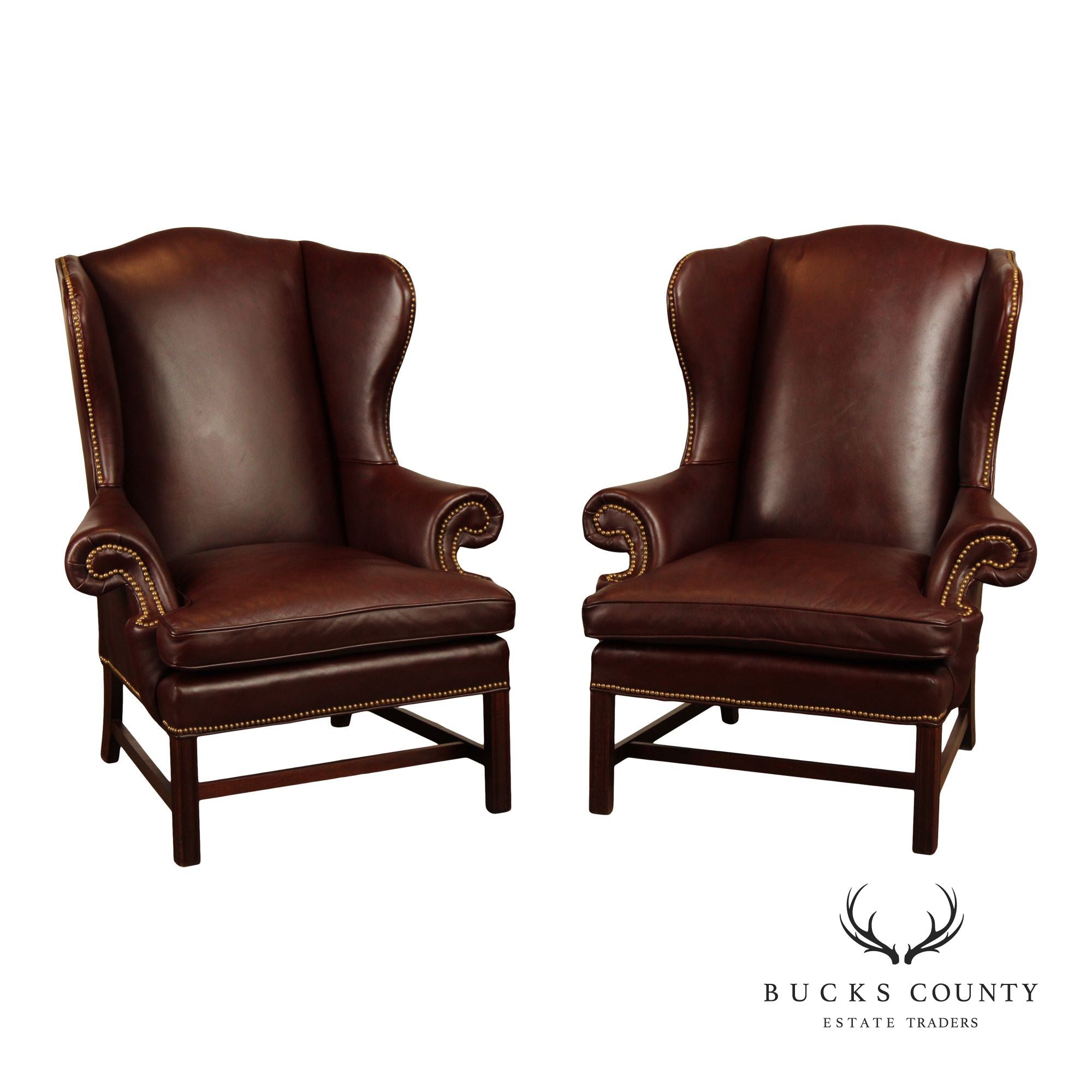 Chippendale Style Pair Of High Back Leather Wing Chairs