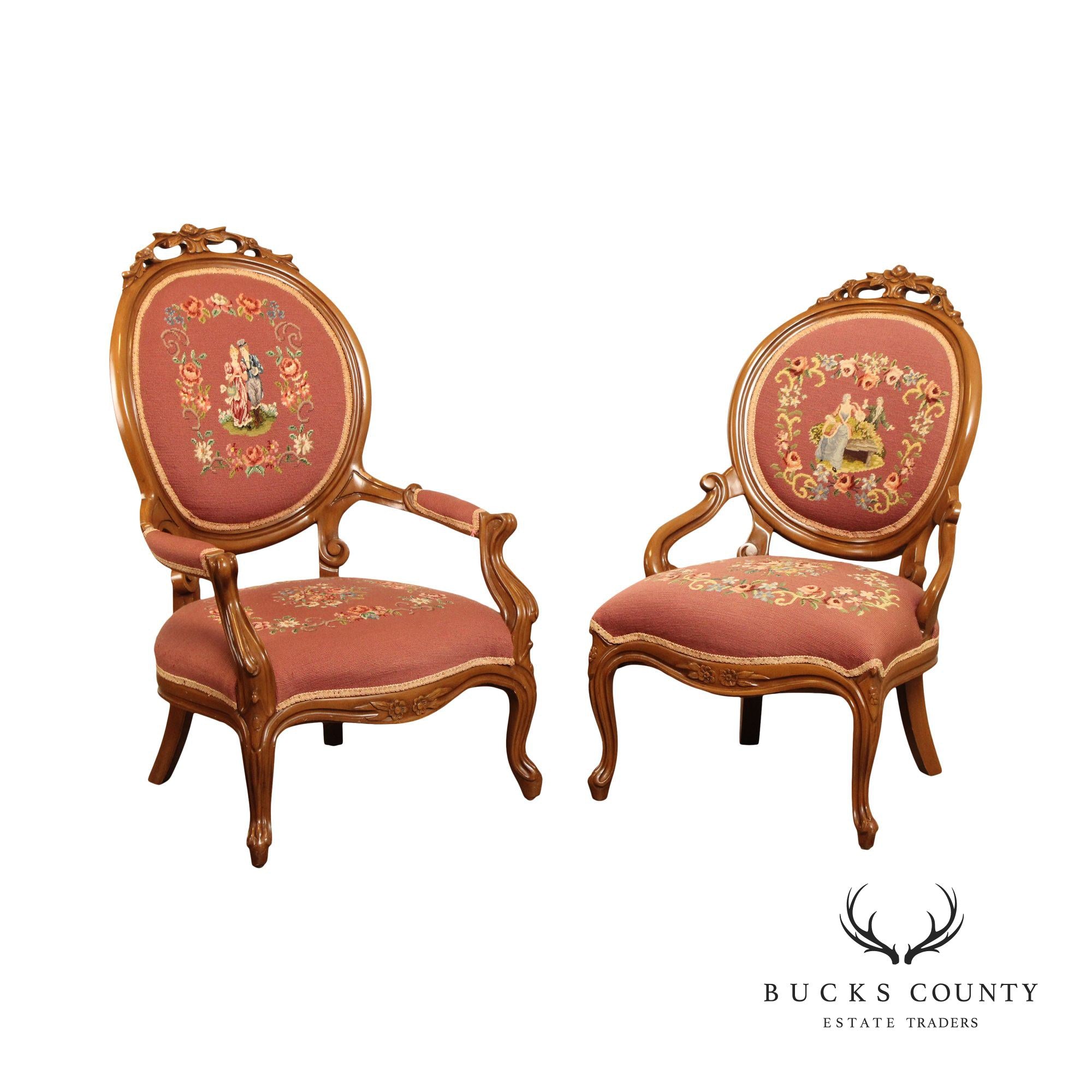 Victorian Pair of Needlepoint Upholstered Parlor Armchairs