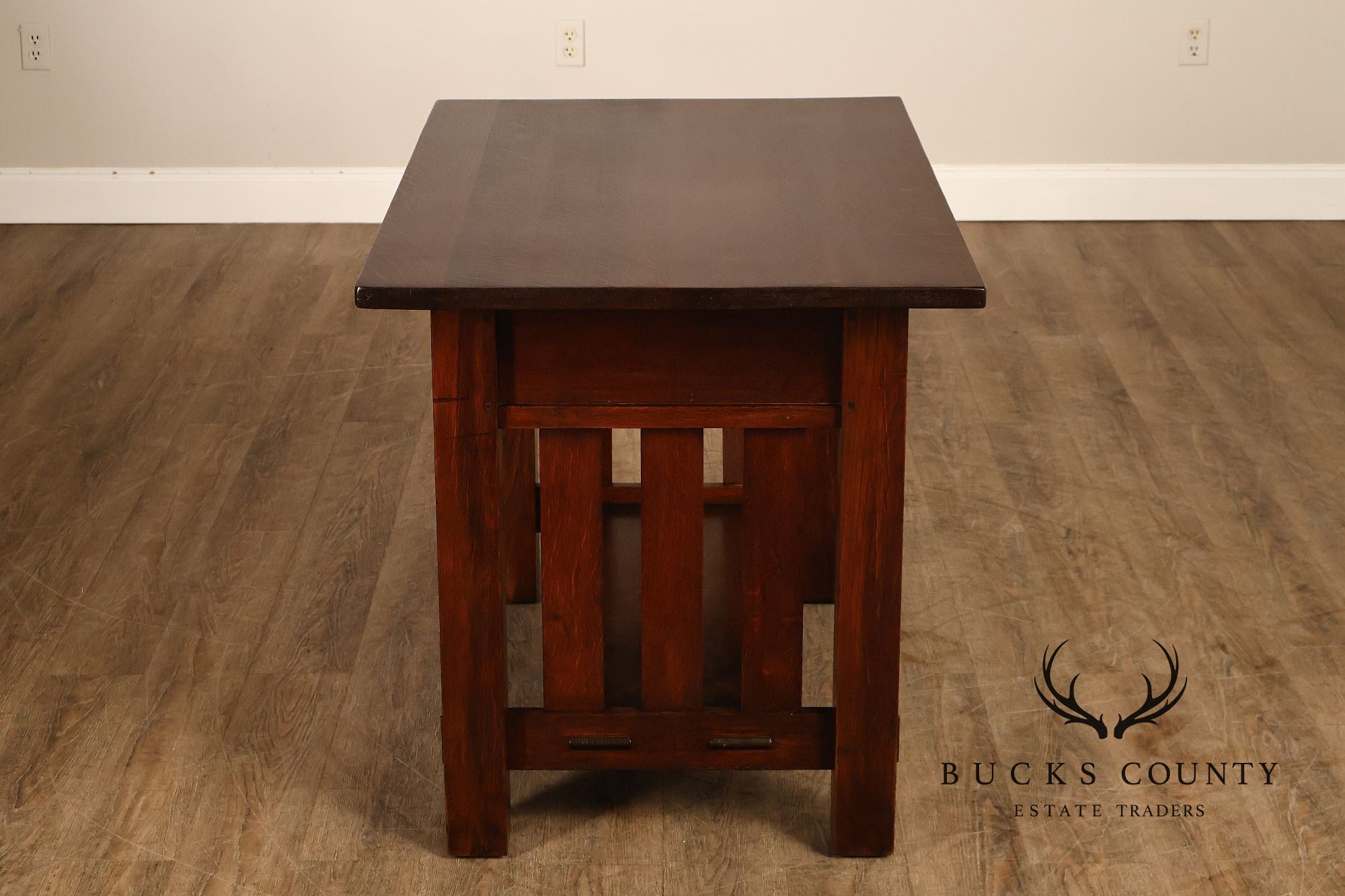 Antique Mission Oak Library Table Writing Desk With Drawers And Lower Shelf