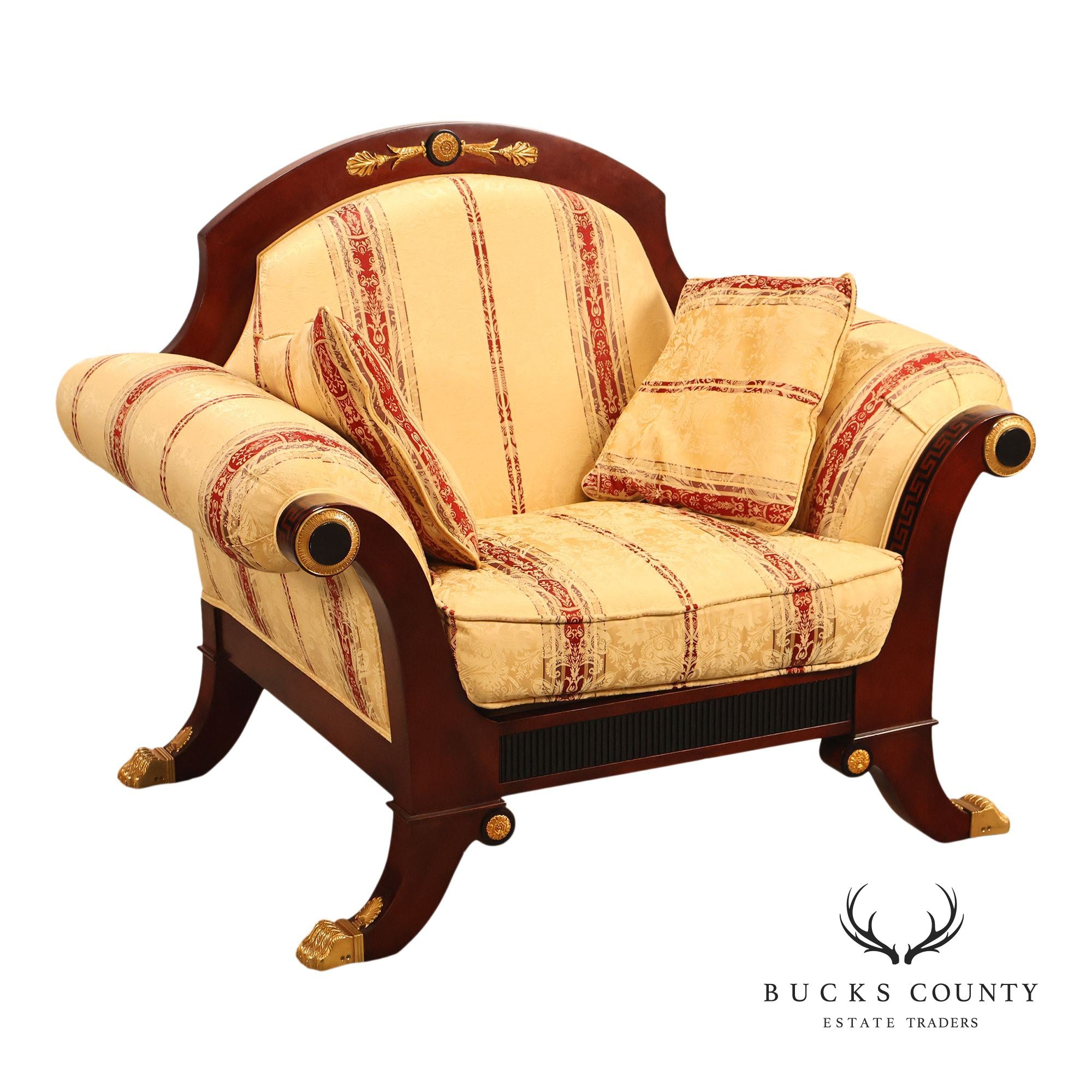 Empire Neoclassical Style Mahogany Upholstered Armchair With Gilt Bronze Accents