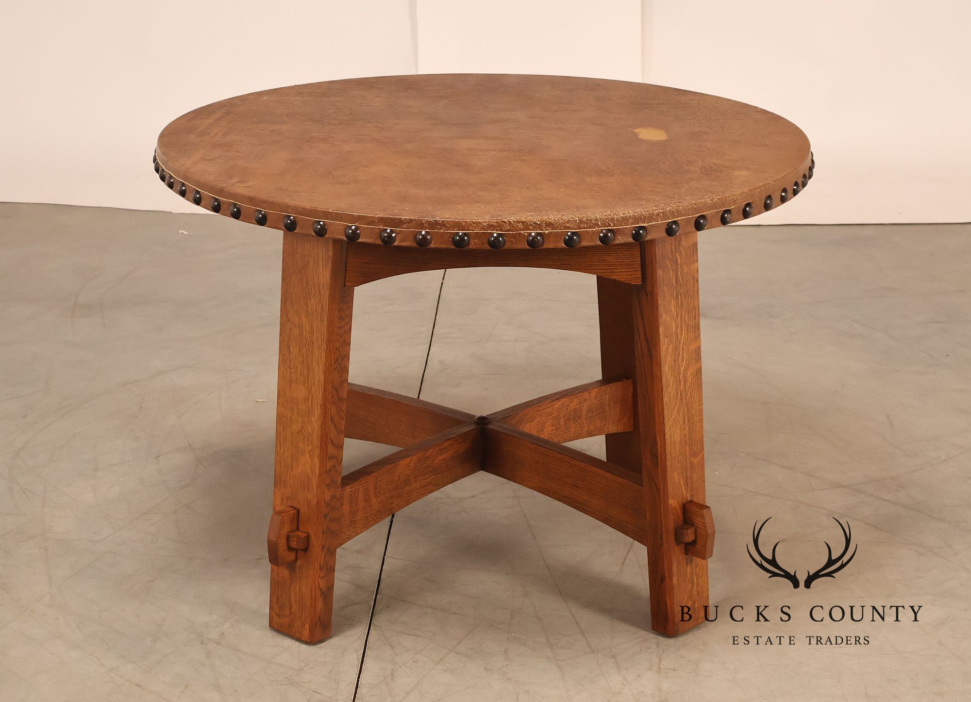 Stickley Commemorative Leather-Top Round Oak Library Table