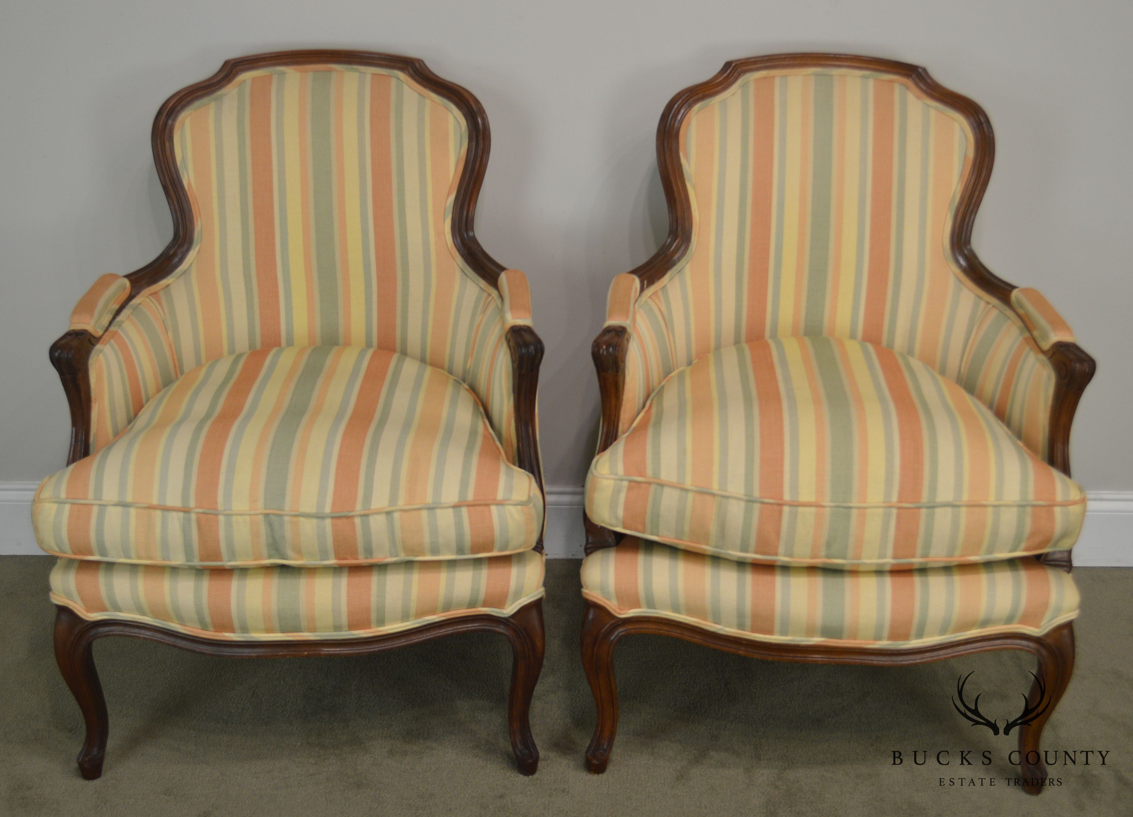 French Louis XV Style Custom Quality Pair Bergere Chairs