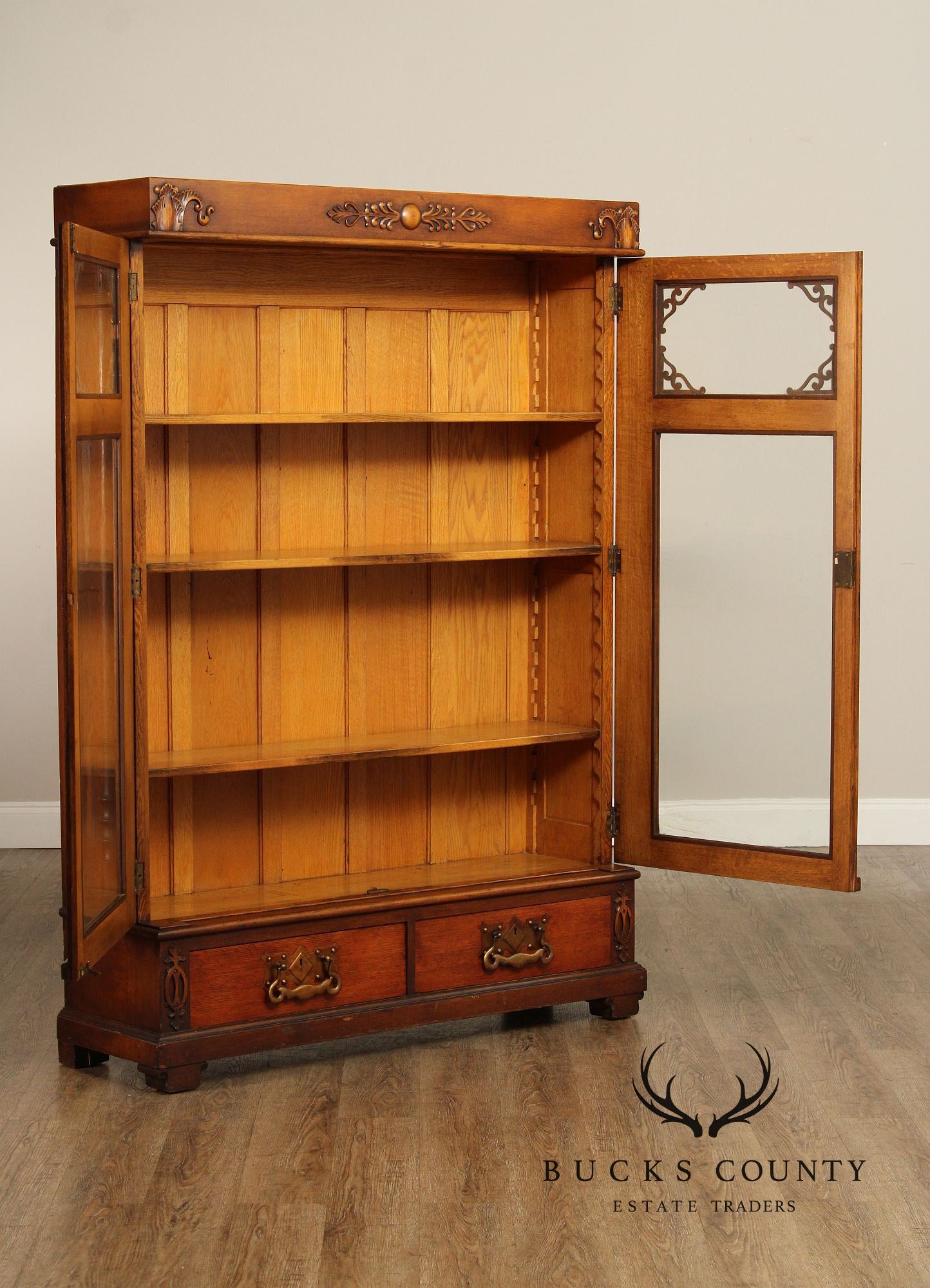 Antique Victorian Carved Oak Two-Door Bookcase