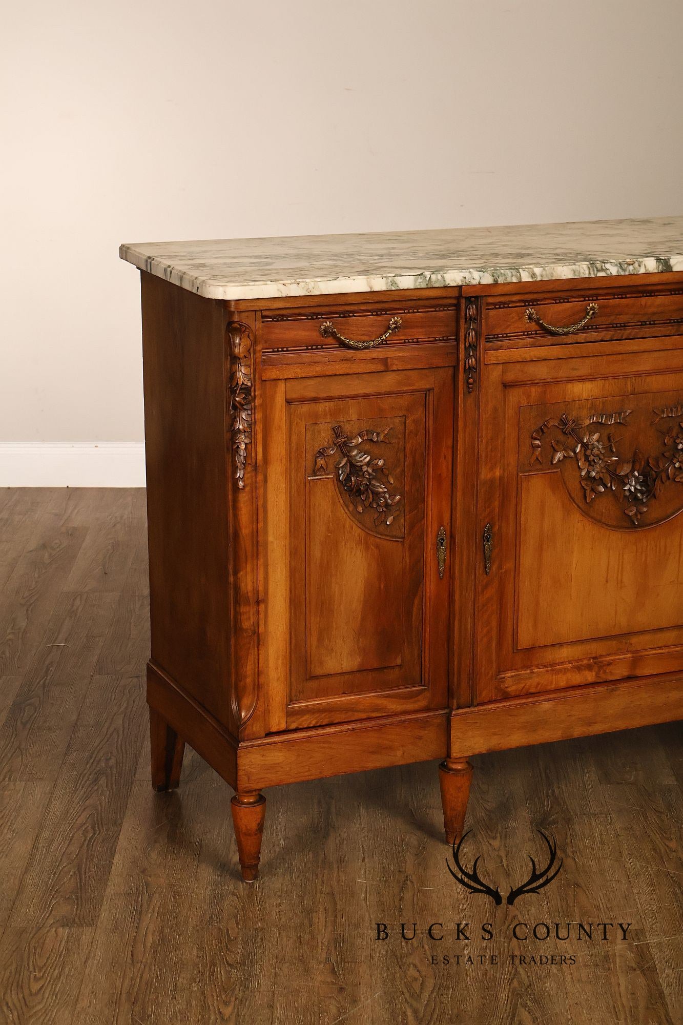 Antique French Louis XVI Style Carved Walnut Marble Top Buffet Sideboard