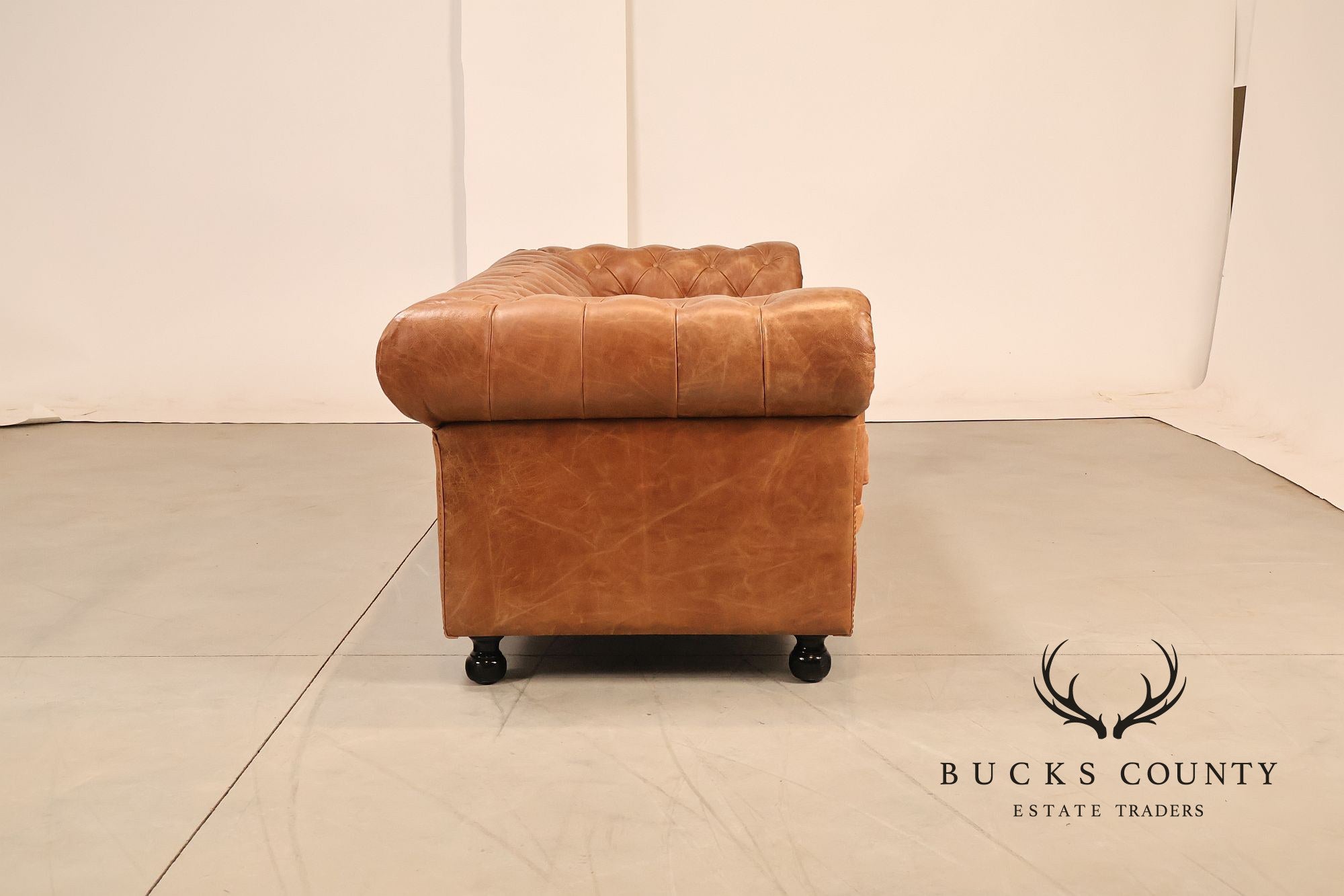 Chesterfield Style 7 Foot Distressed Brown Tufted Leather Sofa