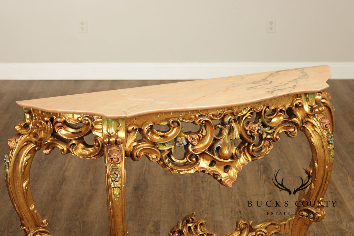 Venetian Rococo Style Marble Top Giltwood Console Table