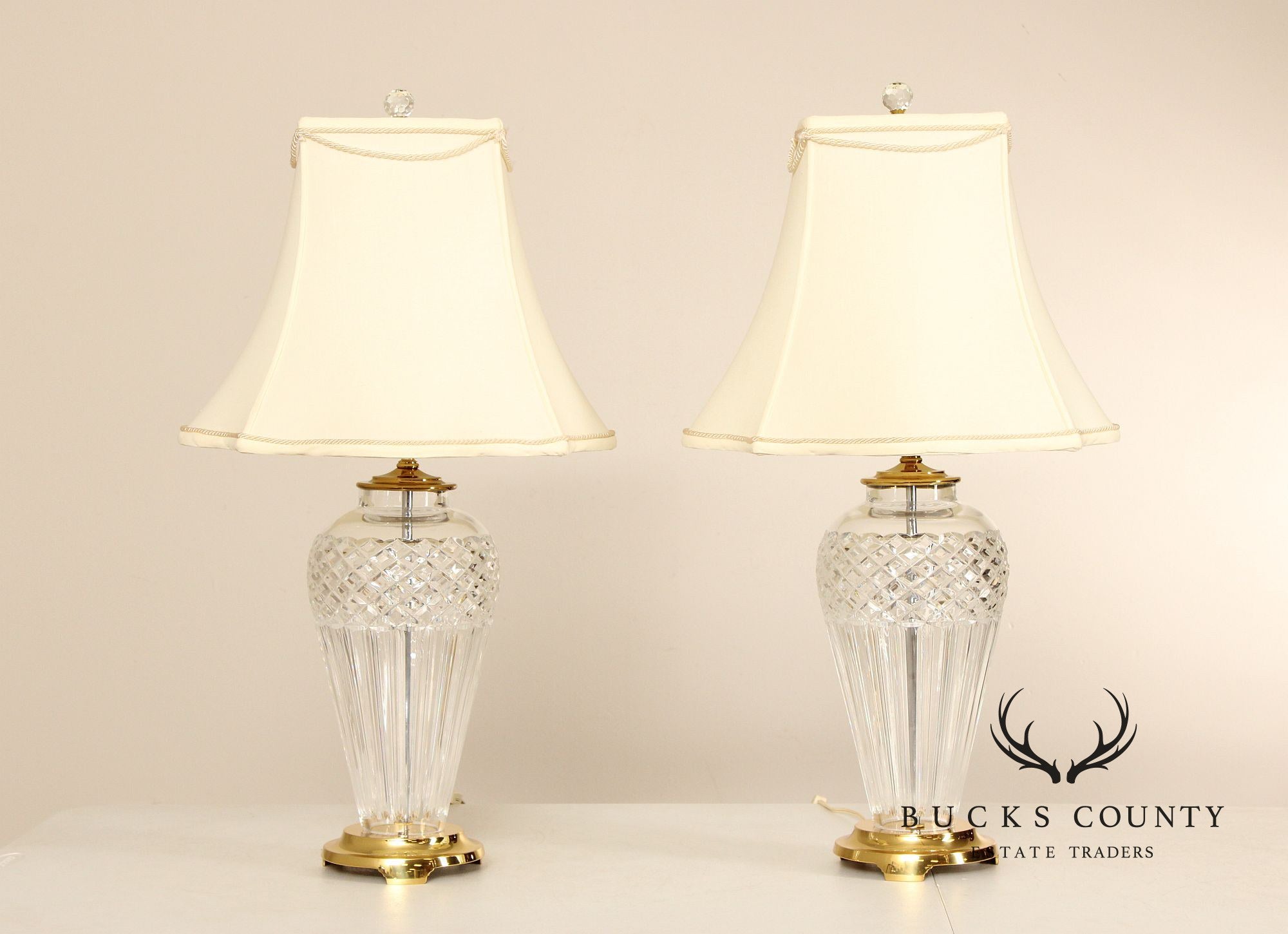 Waterford Belline Collection Pair of Crystal and Brass Table Lamps