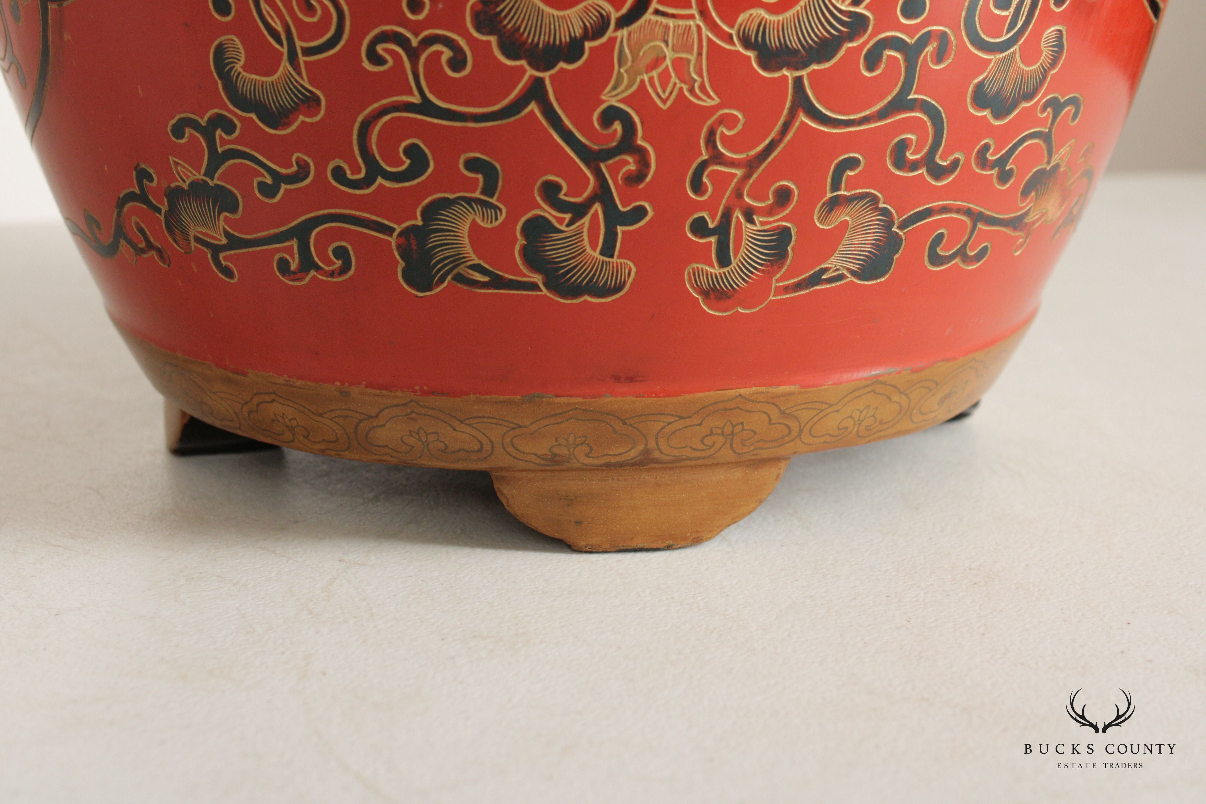 Asian Inspired Style Pair of Hand Painted Wooden Drum Stools