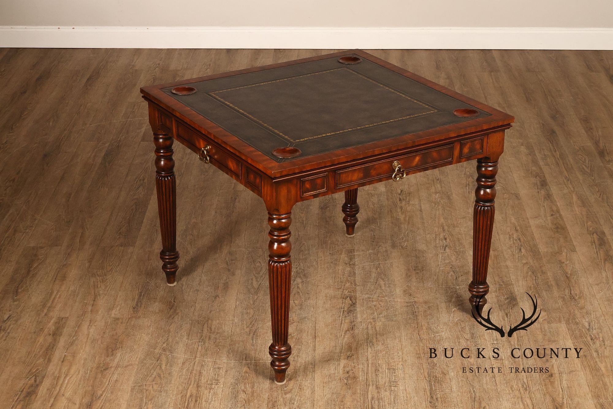 Maitland Smith Regency Style Mahogany Square Leather Top Game Table