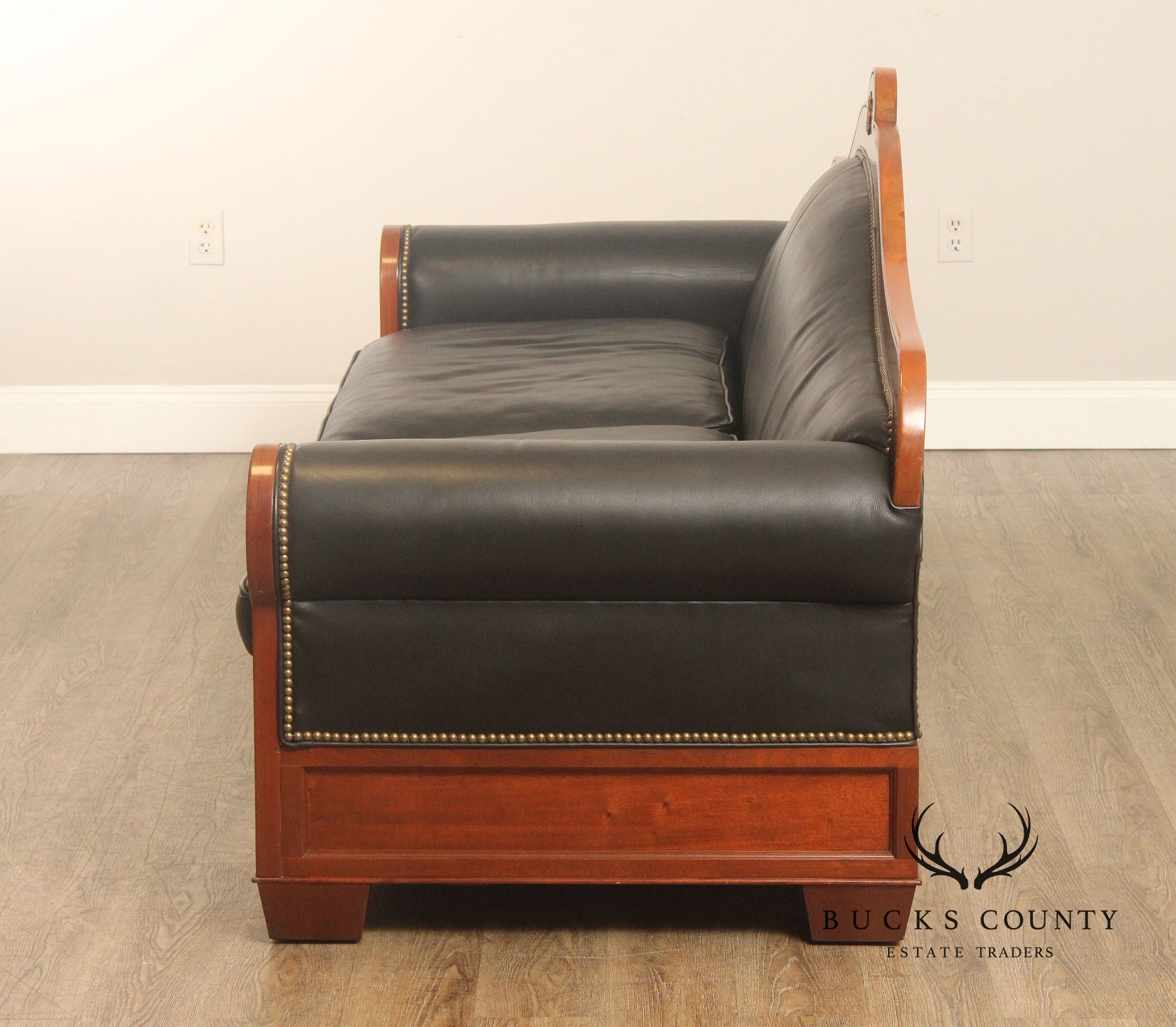 Ralph Lauren Empire Style Mahogany Frame Black Leather Sofa