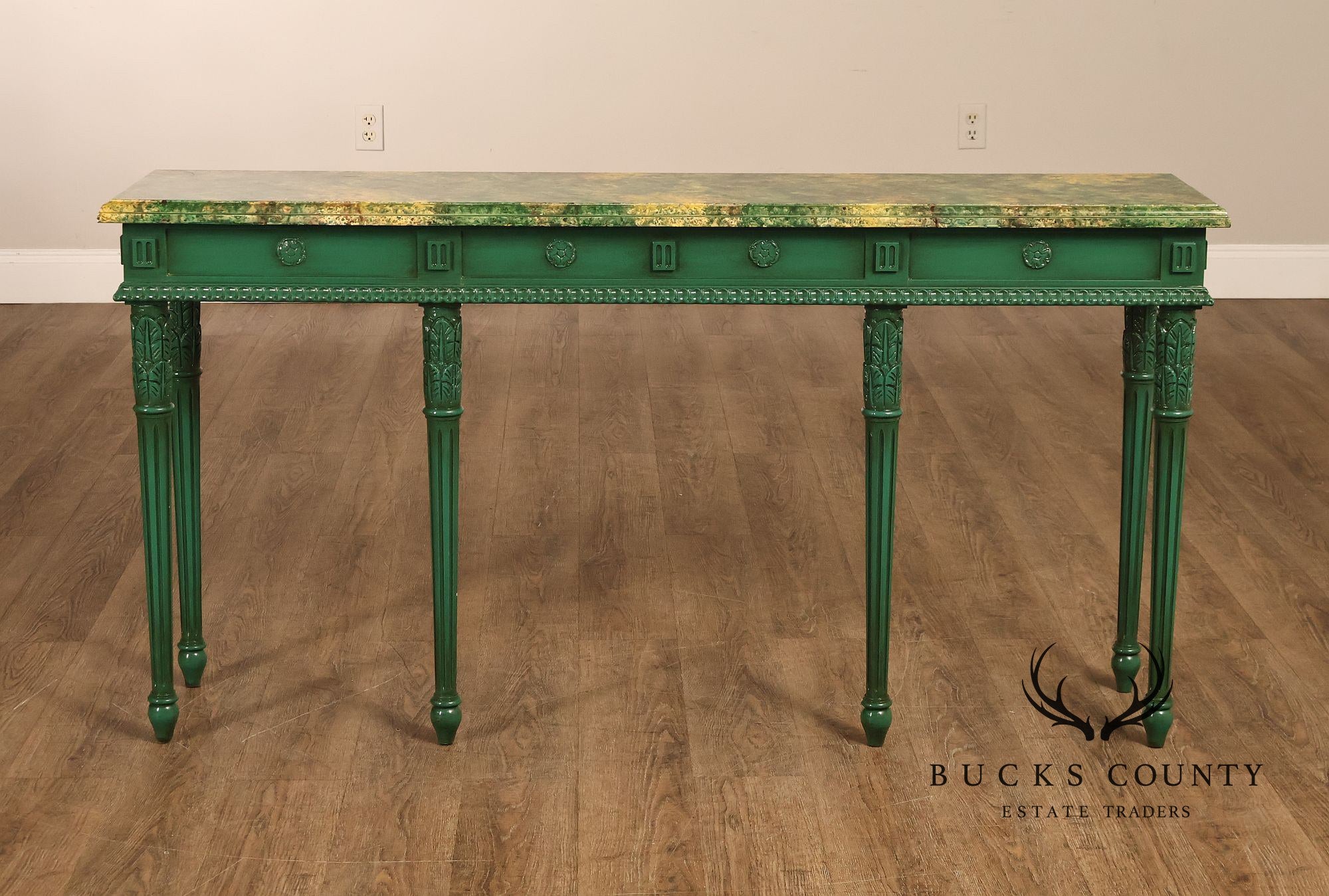 Neoclassical Style Narrow Custom Quality Console Table With Faux Marble Top