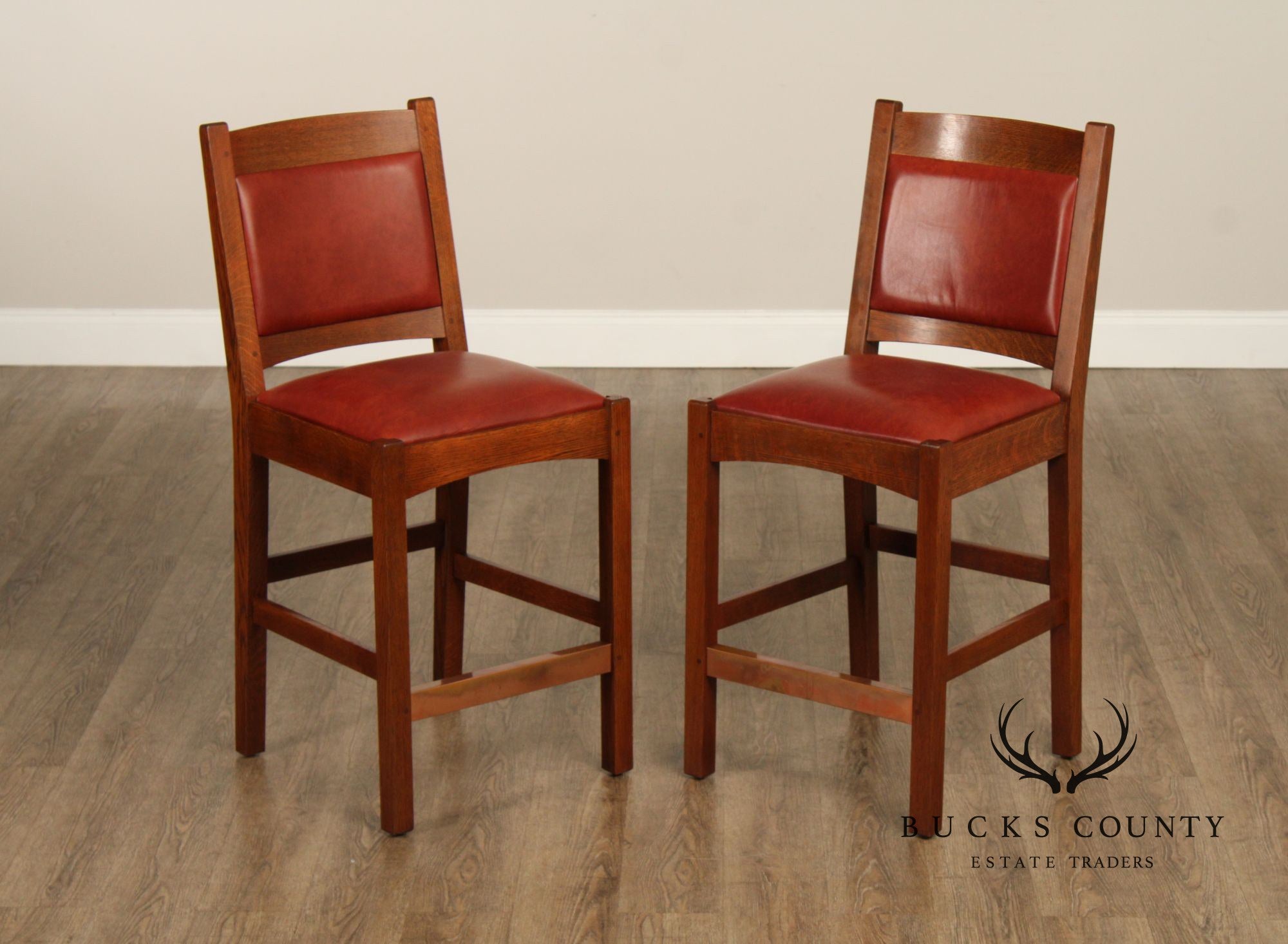 Stickley Mission Collection Pair of Oak And Leather Counter Stools