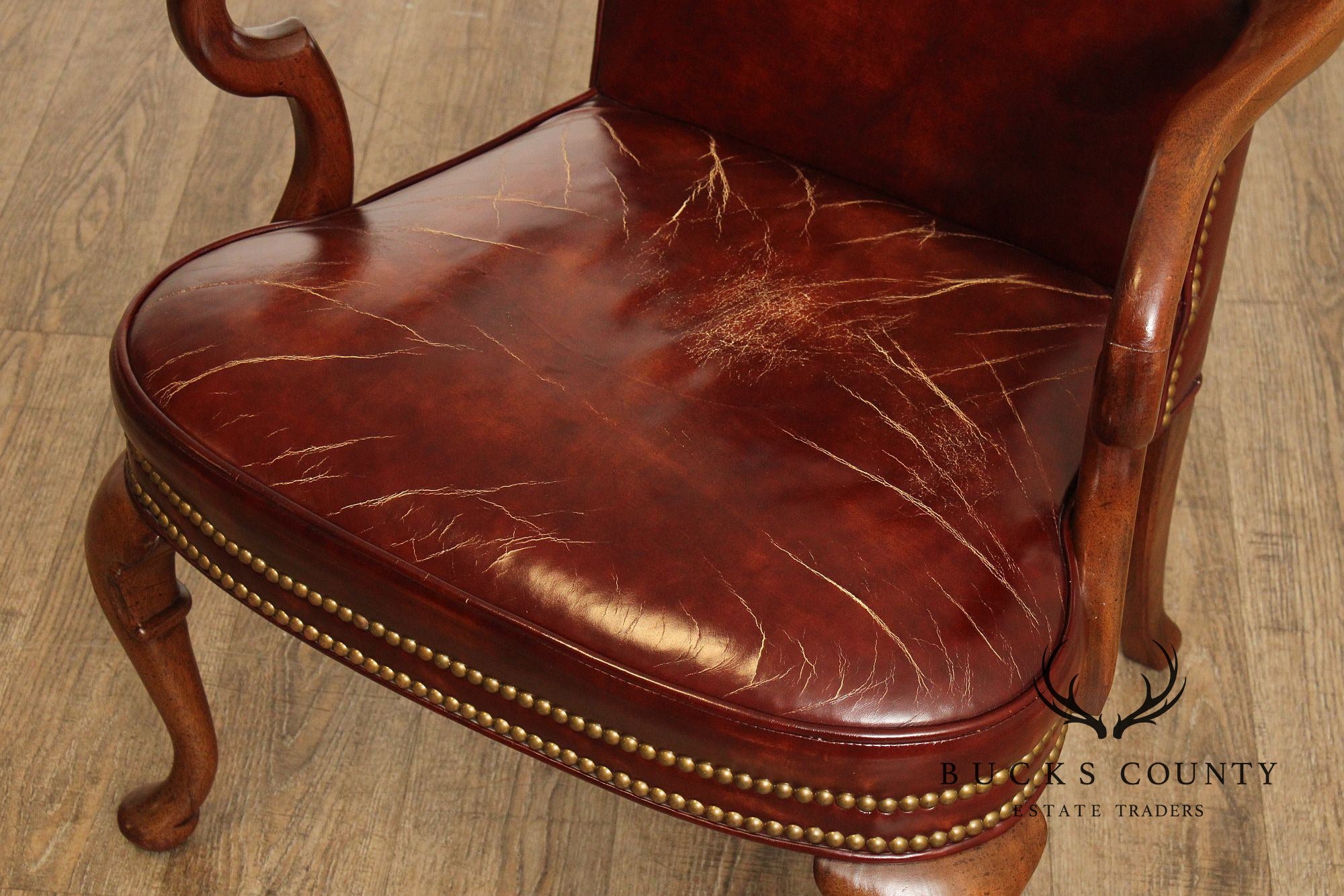 Hickory Chair Queen Anne Style Mahogany and Vintage Leather Armchair