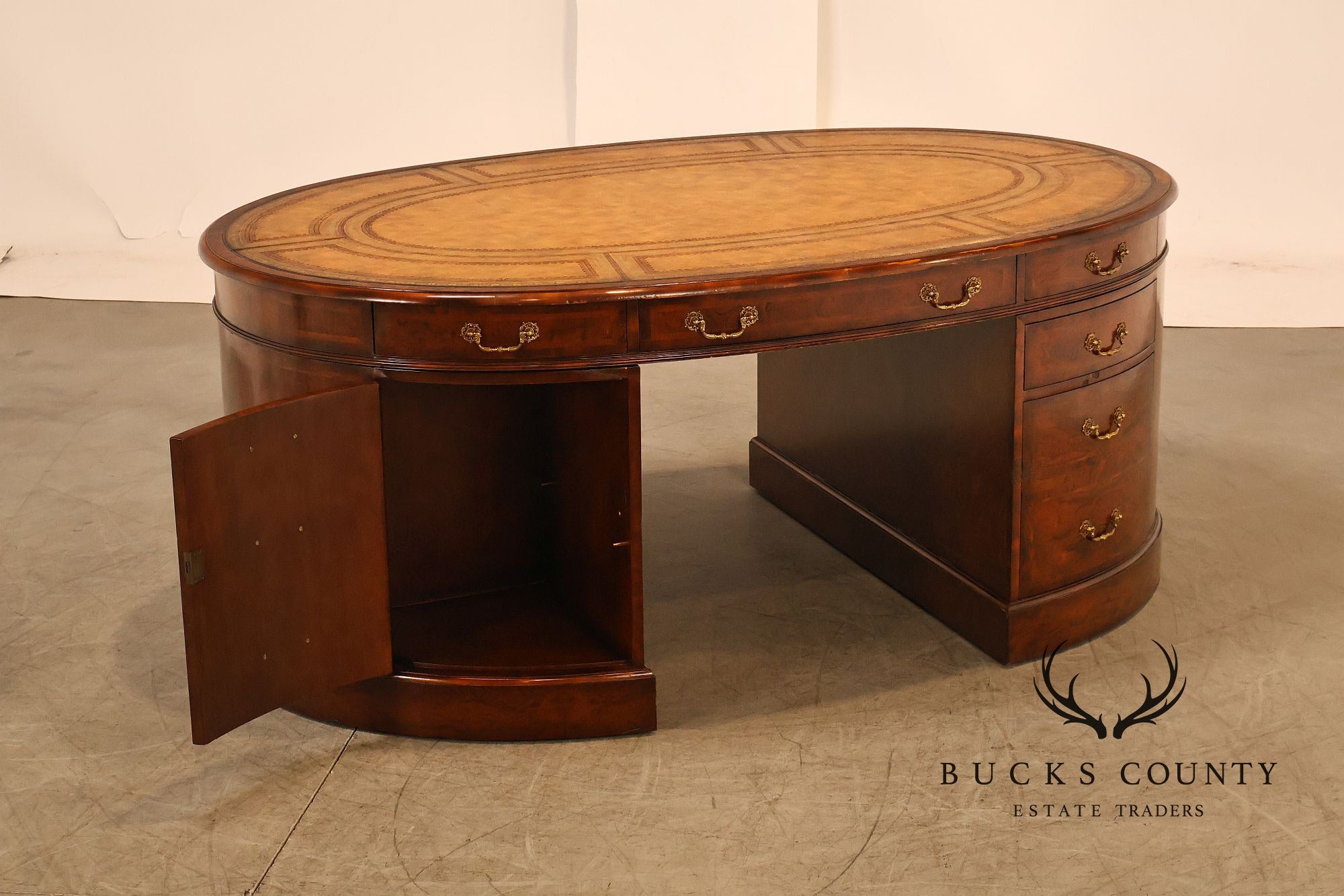 Maitland-Smith Oval Burl Wood Leather Top Partner Desk with Brass Hardware