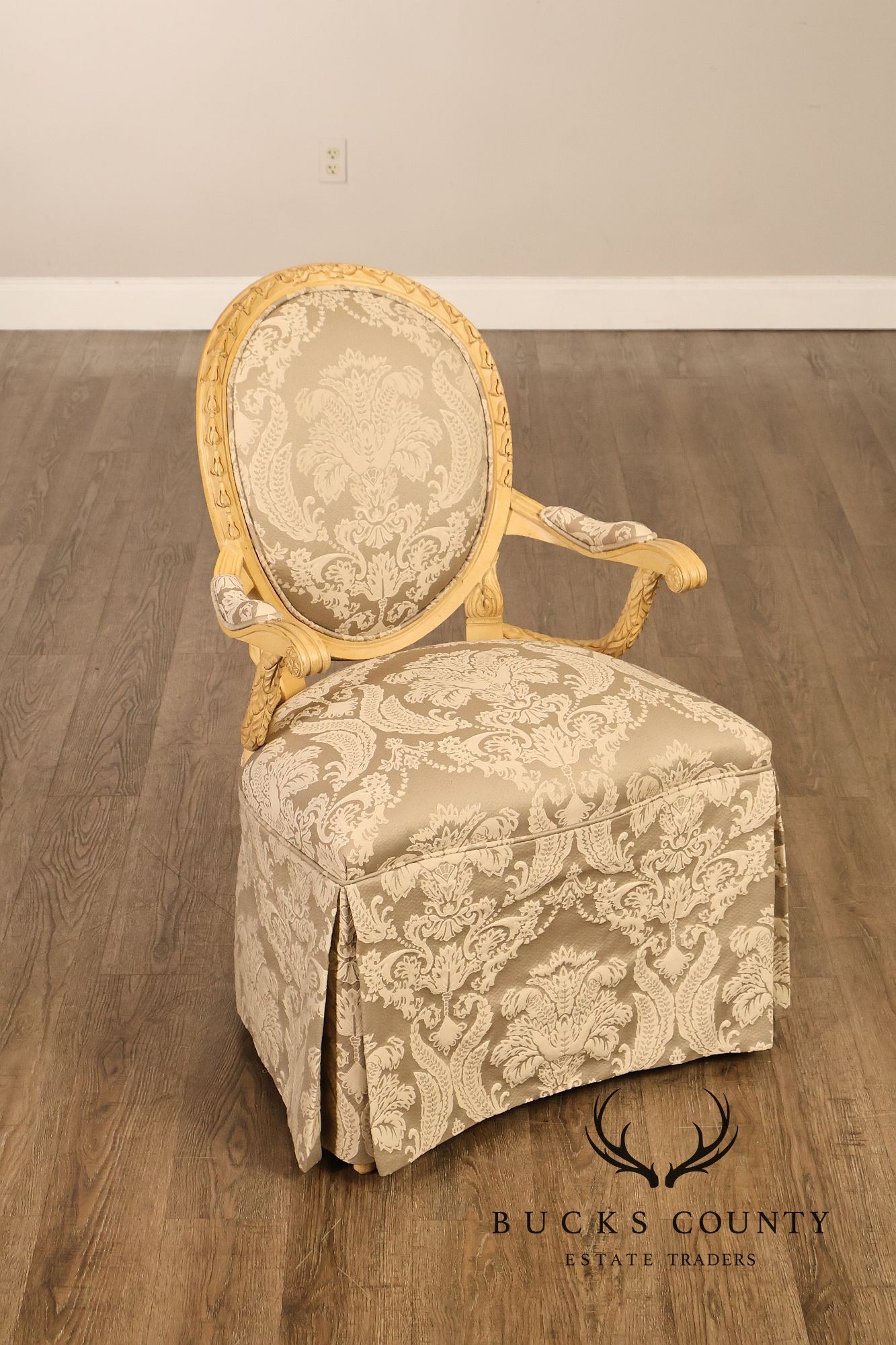 Louis XVI Style Pair Of Painted Oval Back Armchairs With Upholstered Seats
