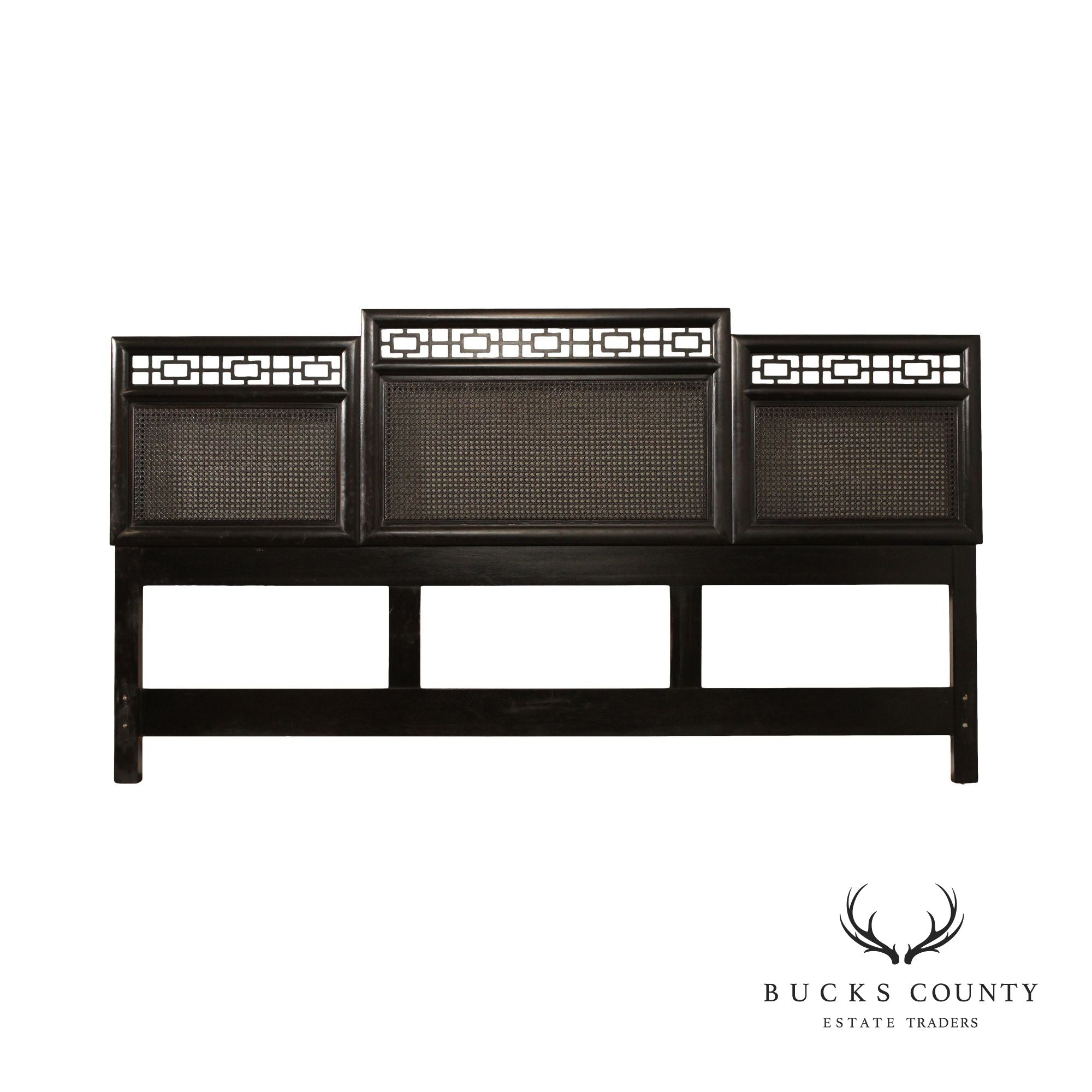 Century Asian Inspired Black Lacquered Cane Back King Size Headboard