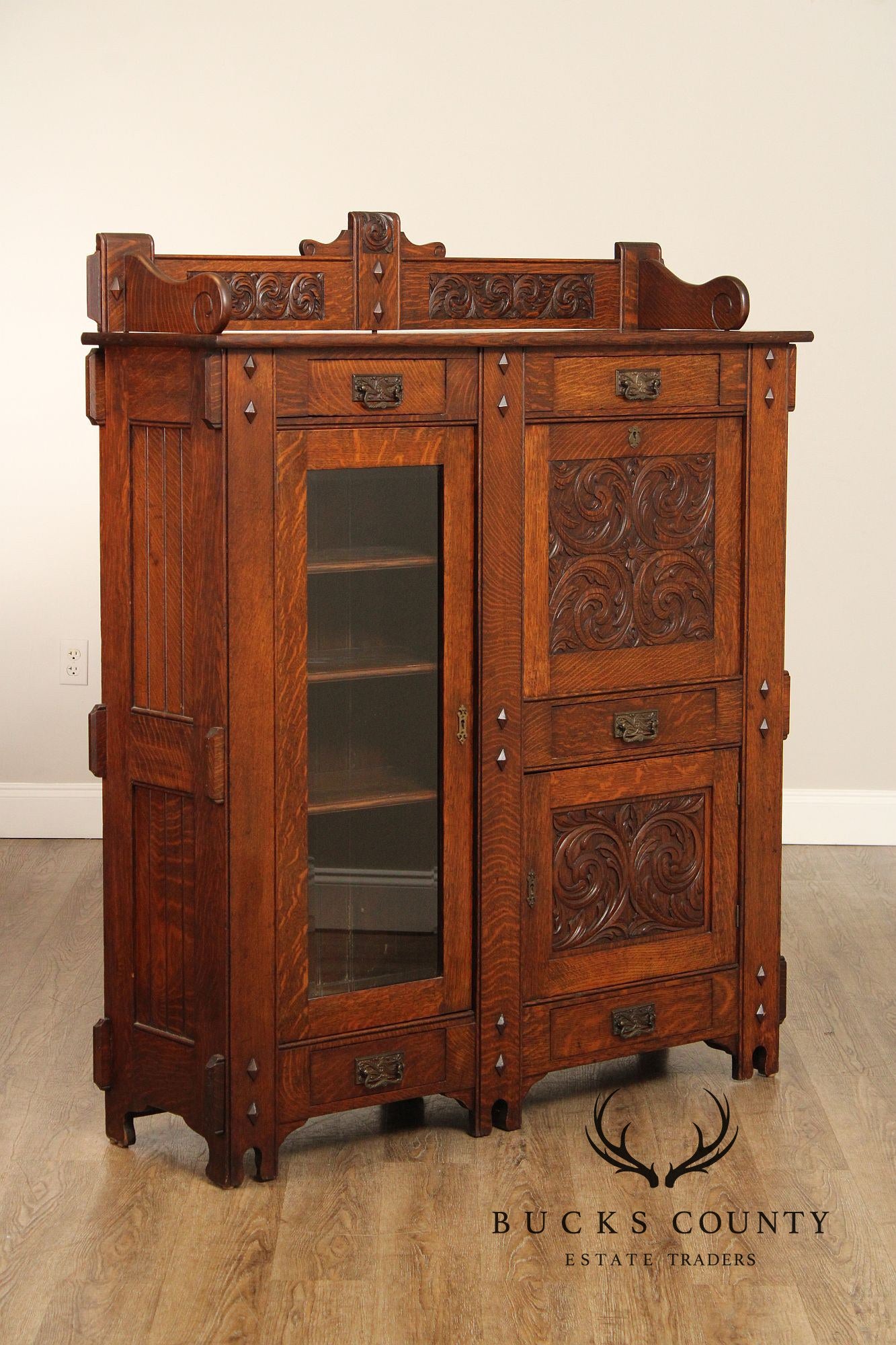 Antique Arts And Crafts Period Carved Oak Secretary Desk Bookcase