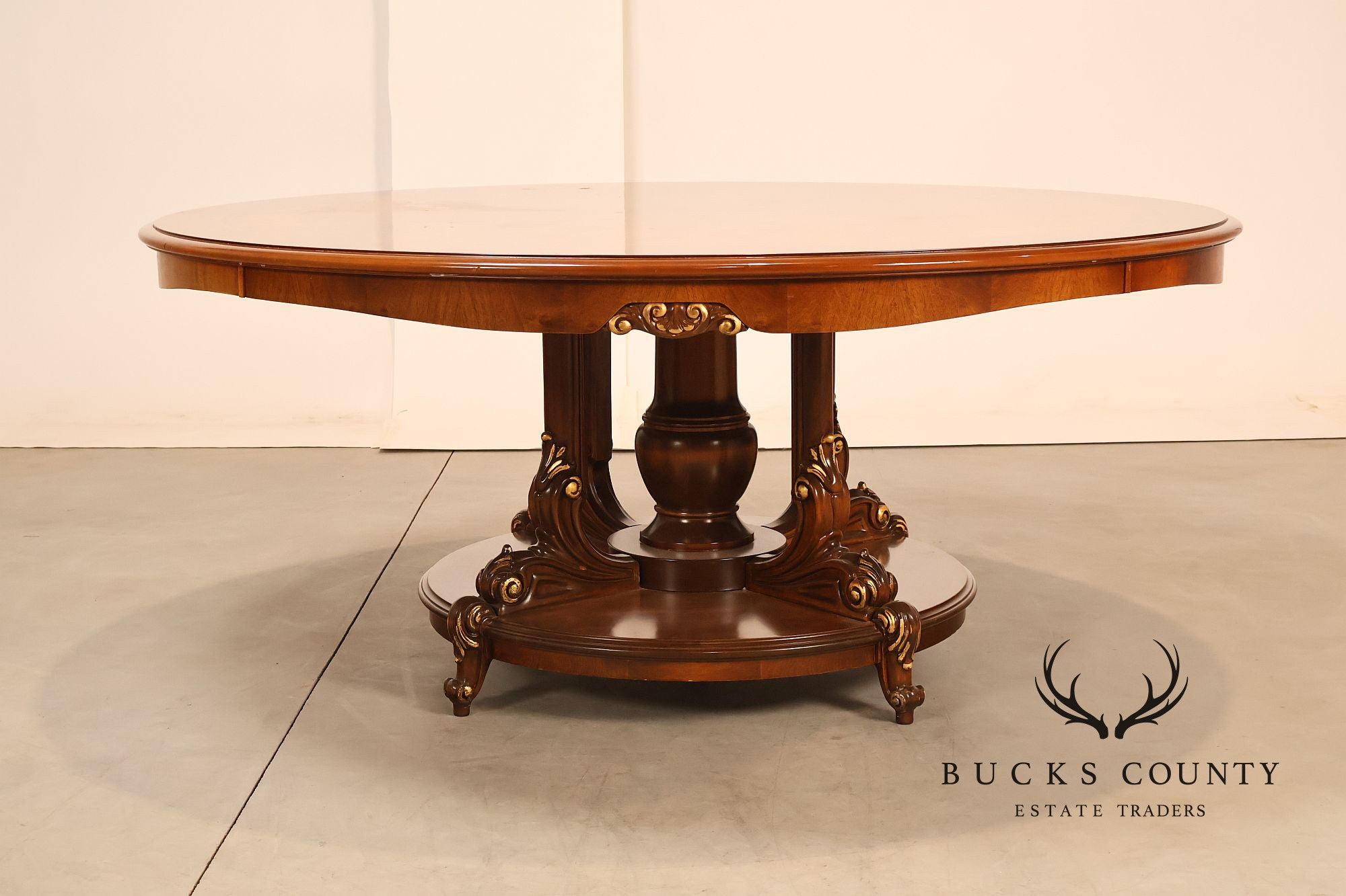 Italian 72" Round Inlaid Burl Wood Dining Table With Lazy Susan