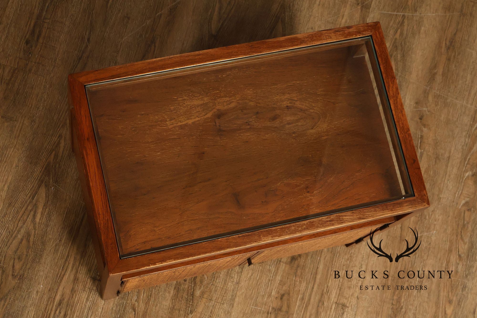 Mid-Century Modern Glass Top Walnut and Cane Side Cabinet