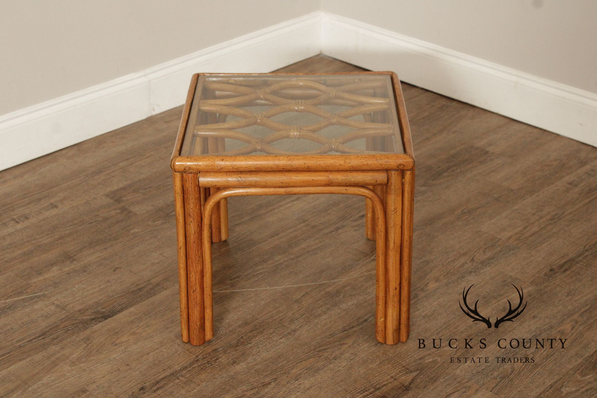 Hollywood Regency Pair of Glass Top Rattan End Tables