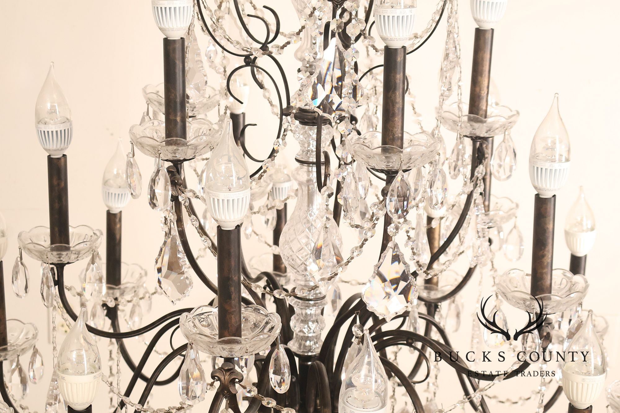 Large Twenty-Light Crystal And Wrought Iron 55" Chandelier