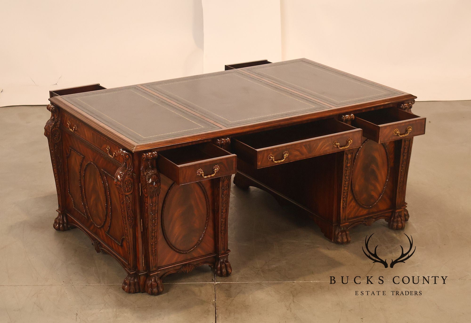 Maitland-Smith Carved Mahogany Leather Top Executive Partner's Desk