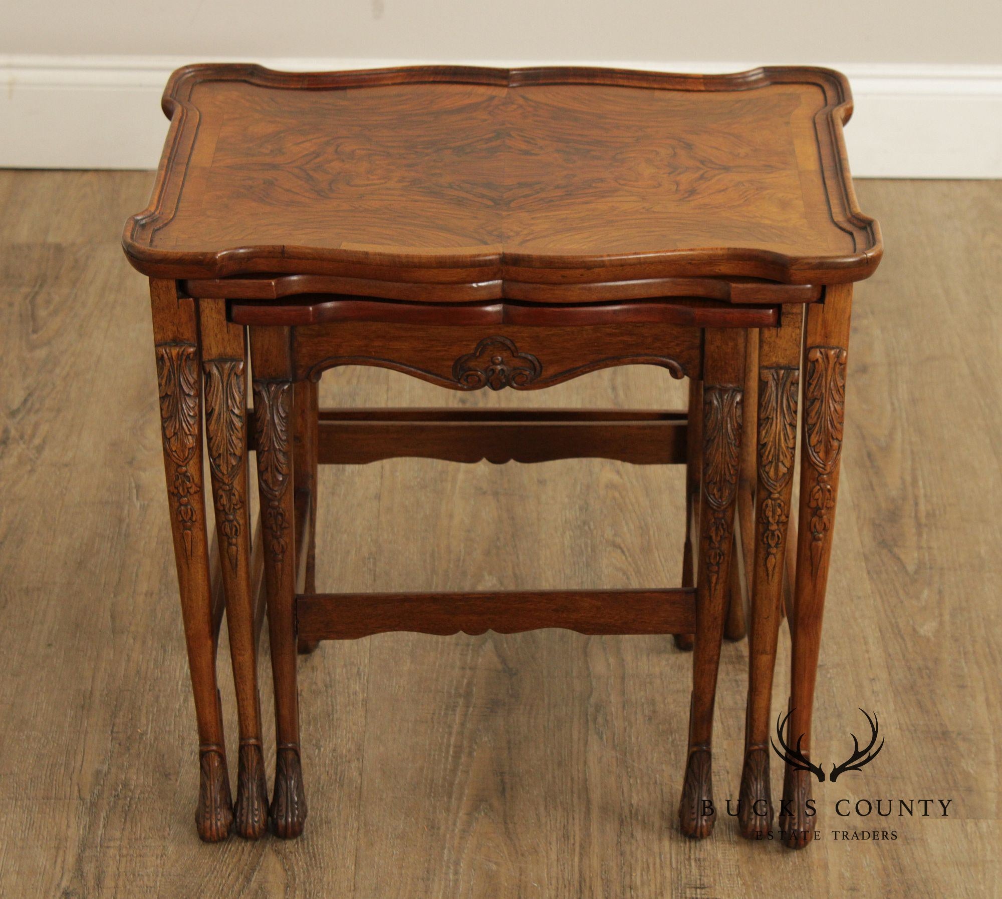 French Louis XV Style Set of Three Burl Walnut Nesting Tables