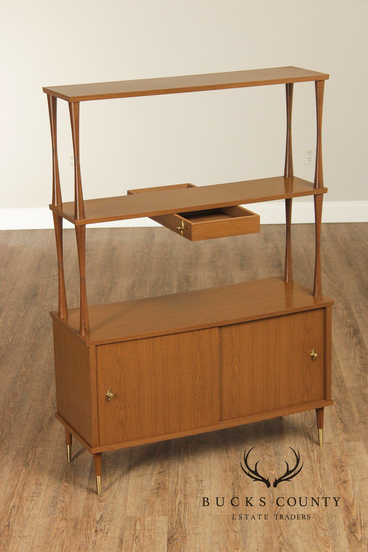 Mid Century Modern Walnut Room Divider Étagère With Brass Accents