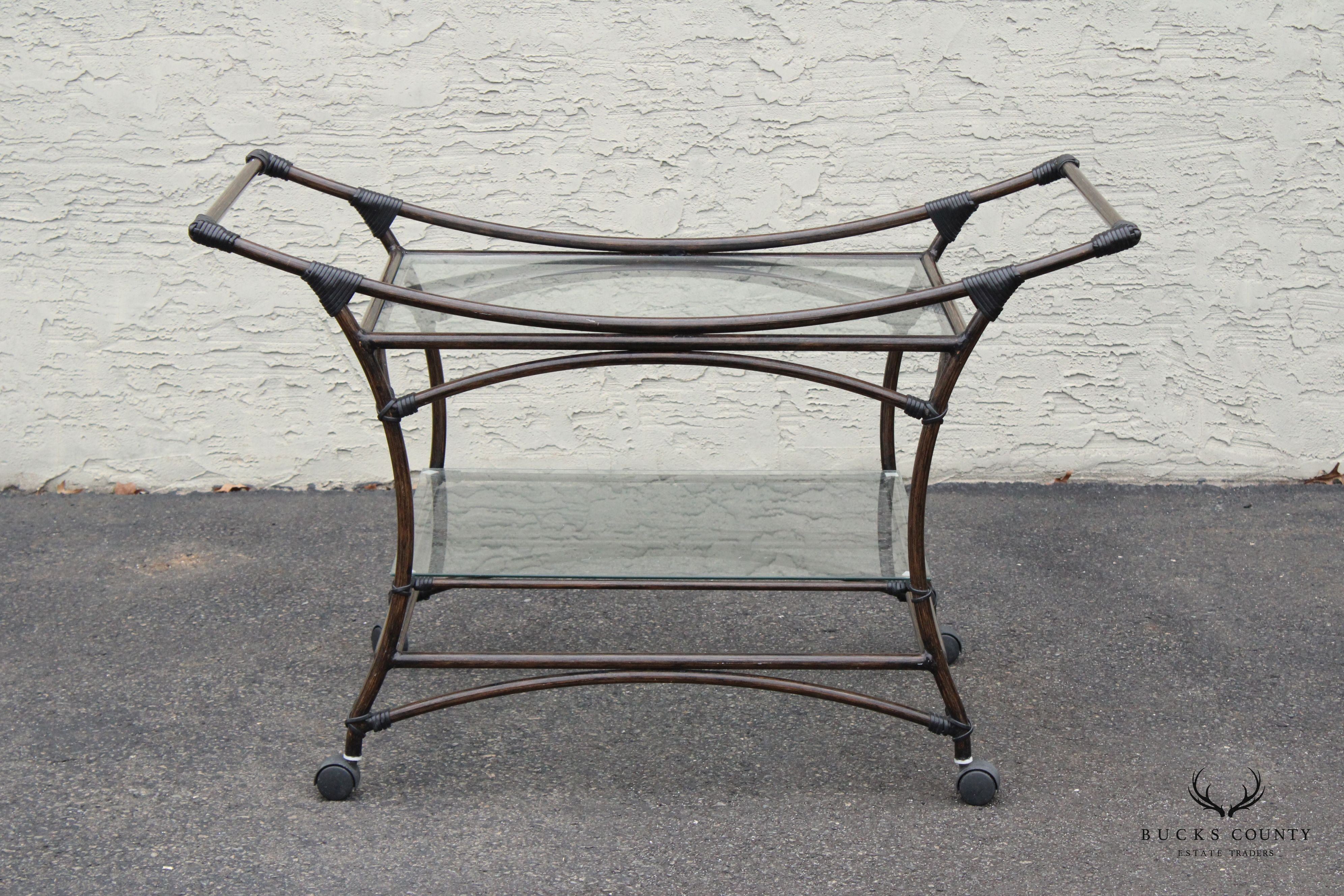 Contemporary Faux Rattan Rolling Bar Cart