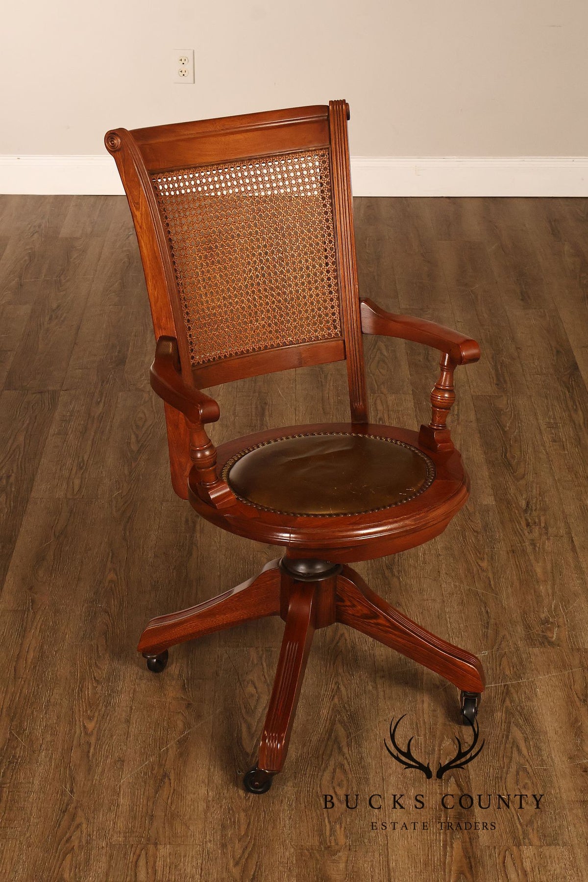 Vintage Leather and Cane Swivel Office Armchair