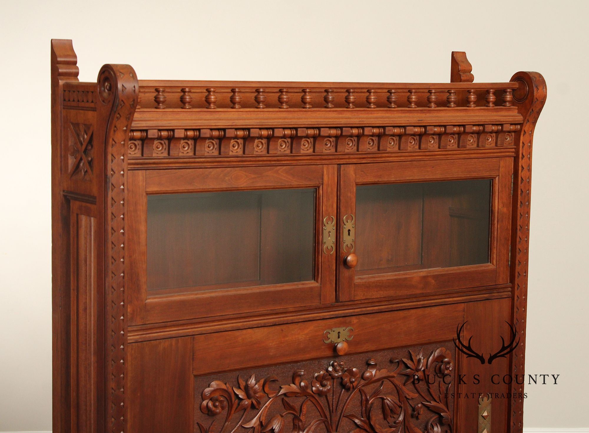 Antique Victorian Aesthetic Carved Walnut Drop Front Writing Desk