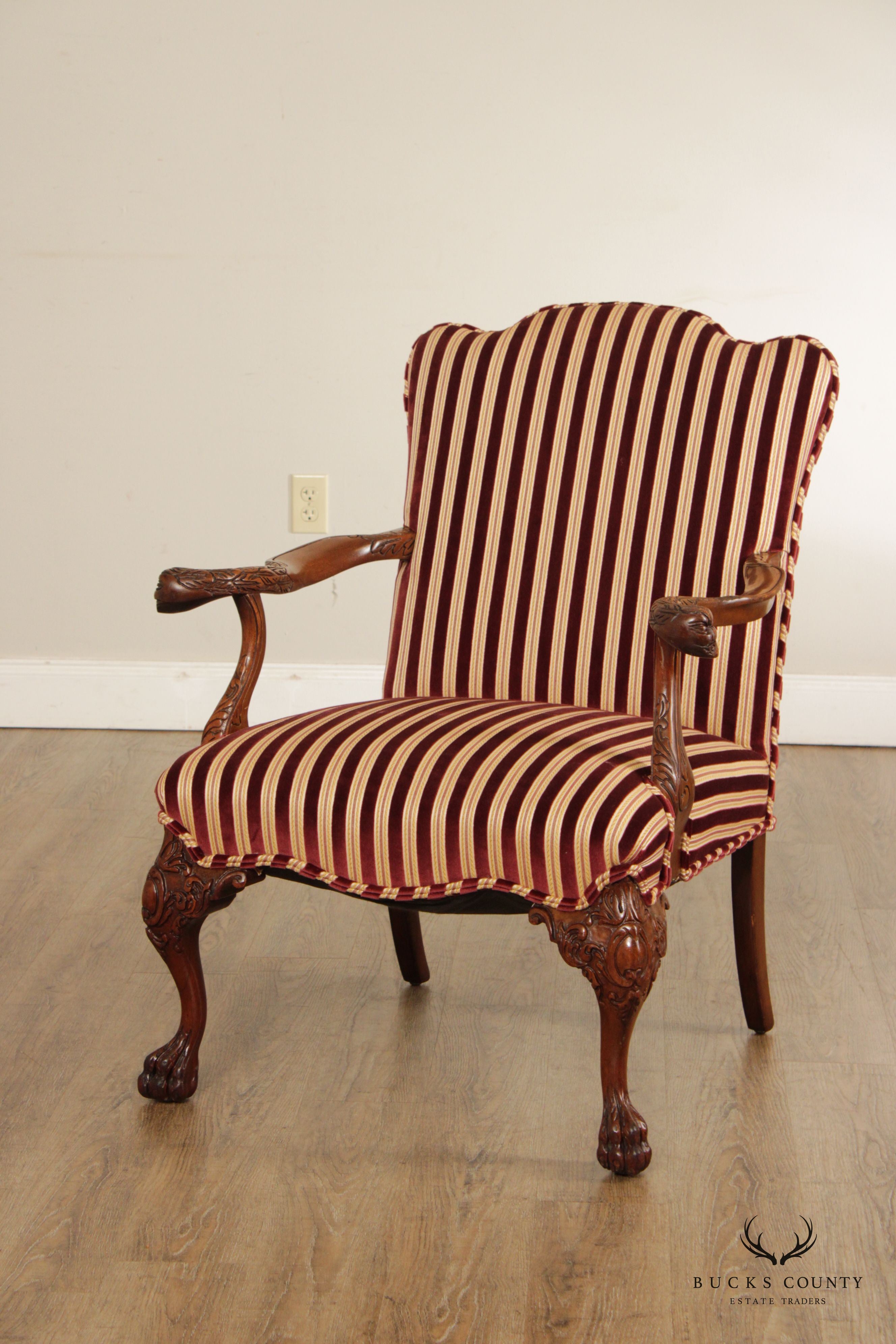 Georgian Style Carved Mahogany Paw Foot Fireplace Armchair