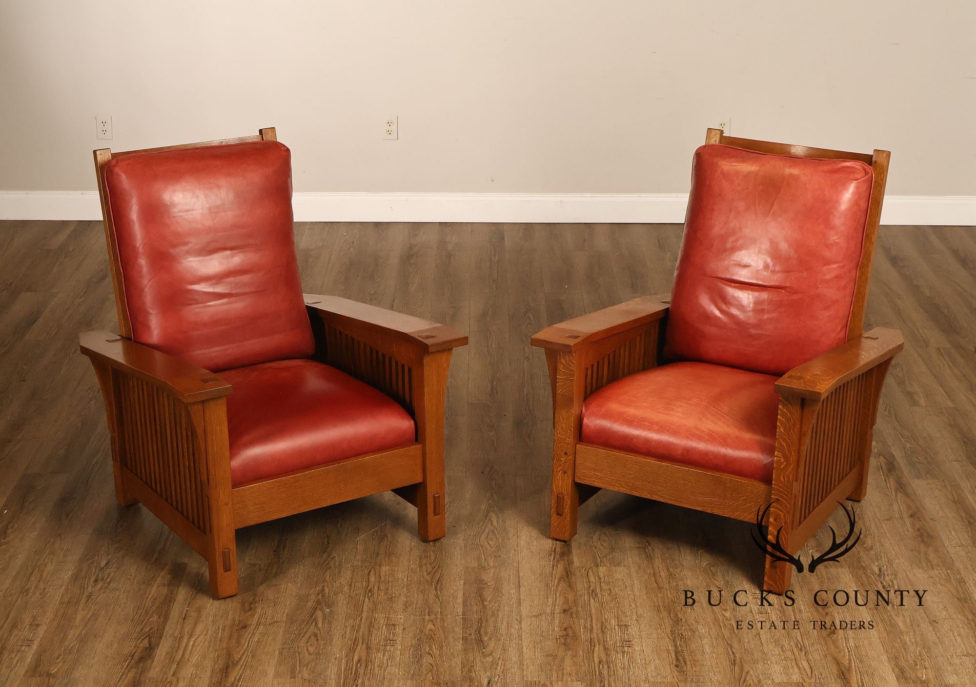Stickley Mission Collection Pair Of Oak And Leather Morris Chairs