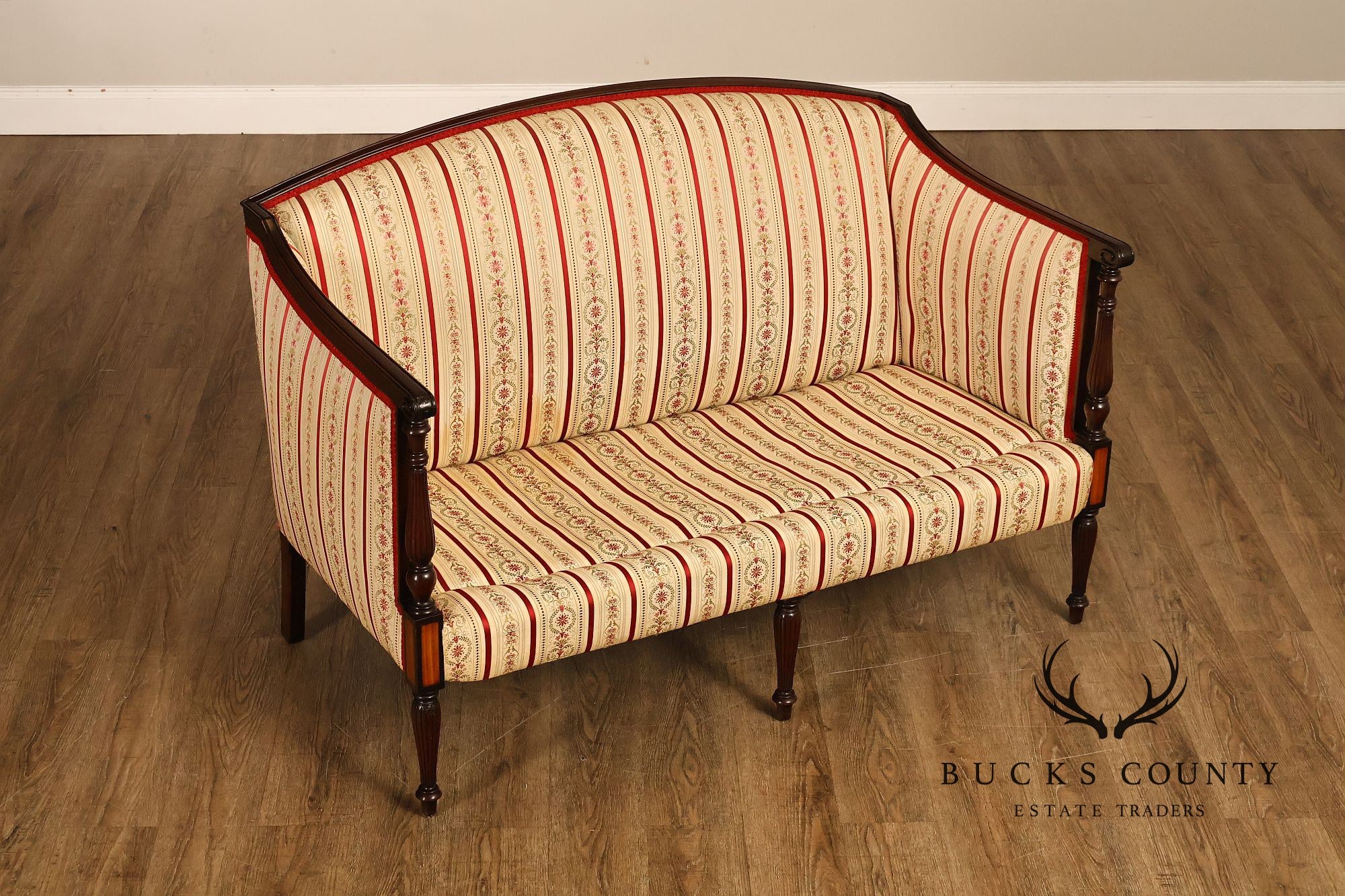 Vintage Sheraton Style Mahogany Inlaid Upholstered Loveseat