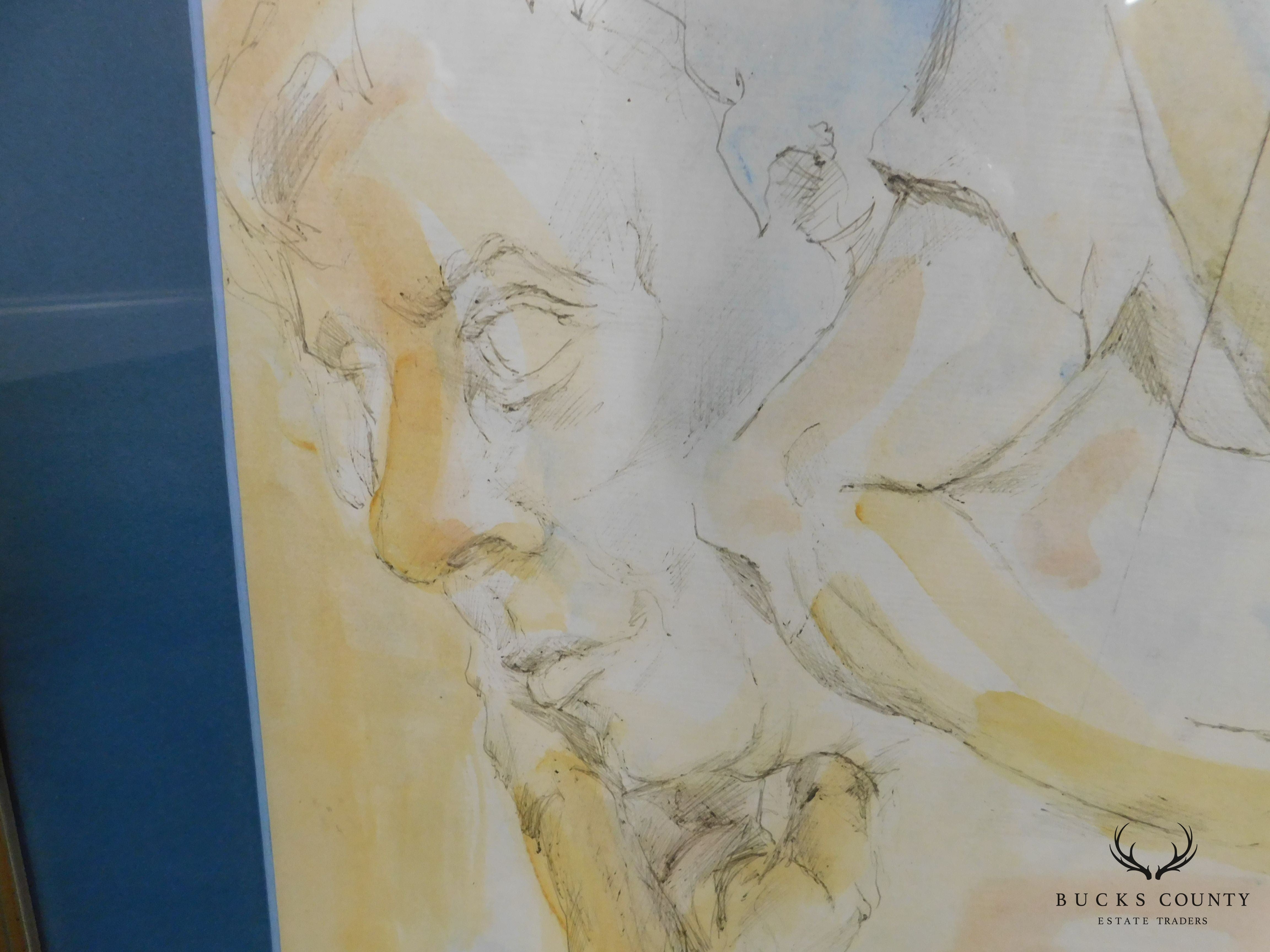 Blue Matted Portrait Sketch w/ Watercolor